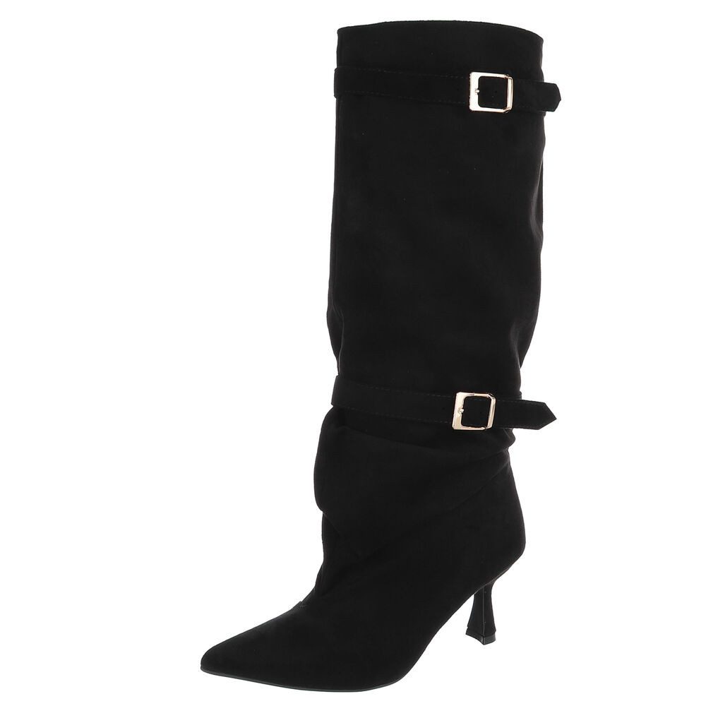 Ital-Design Damen Kniehohe Stiefel mit Schnallen und Absatz High-Heel-Stiefel (92125369) Pfennig-/Stilettoabsatz Stiefel in Schwarz