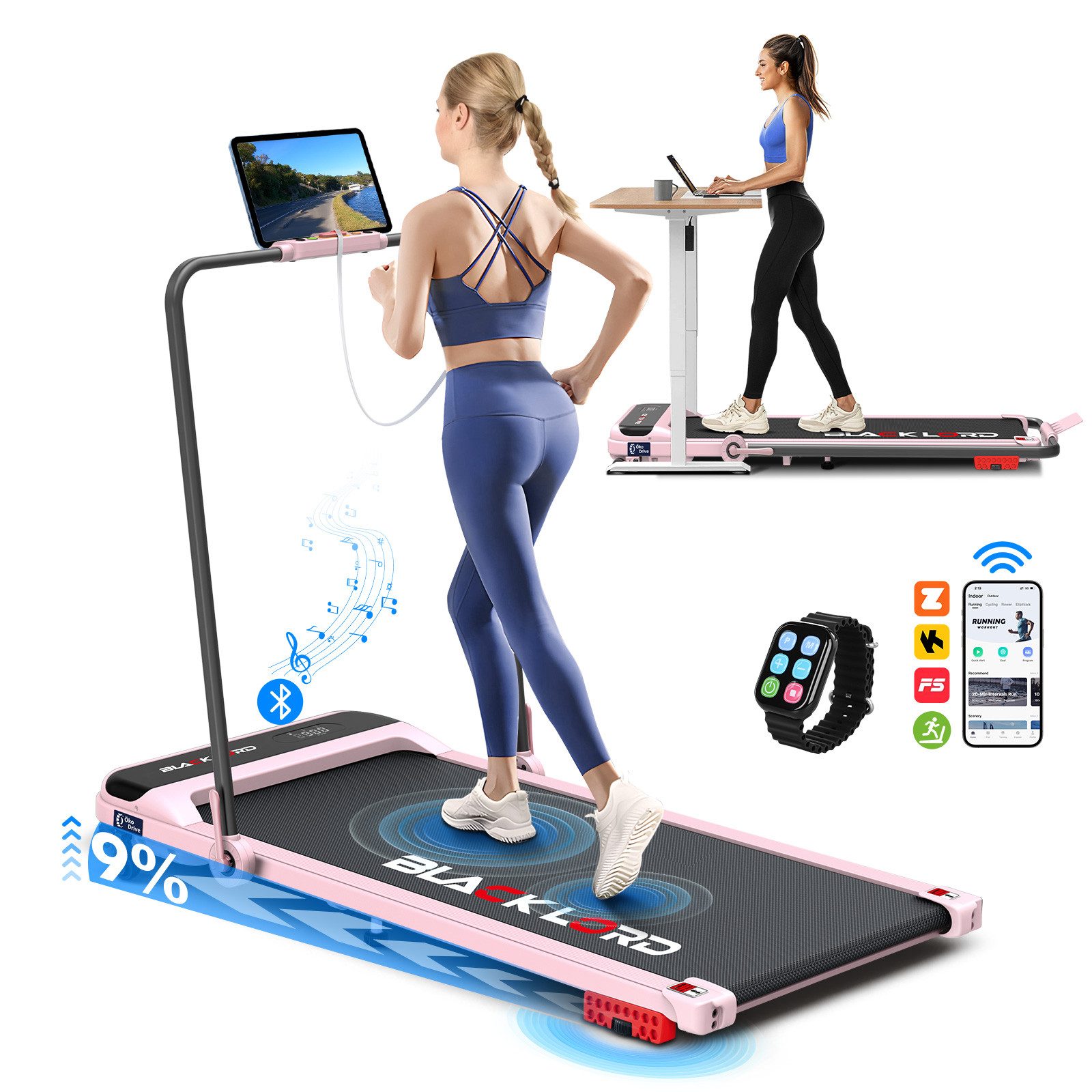 BLACK LORD Laufband 4-in-1 (16 km/h, 3,2 PS) mit 9% Steigung, Haltegriff (125 x 56 x 109 cm), mit Bluetooth & LED. Leise, klappbar, bis 140 kg. Ideal für Zuhause.