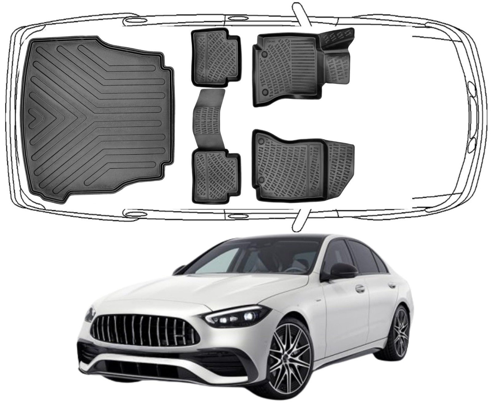 Trimak Auto-Fußmatten Oder Kofferraumwanne Oder Set kompatibel mit Mercedes C Klasse, Mercedes C Klasse W206 Limousine ab 2021 Fussmatten & Kofferraumwanne