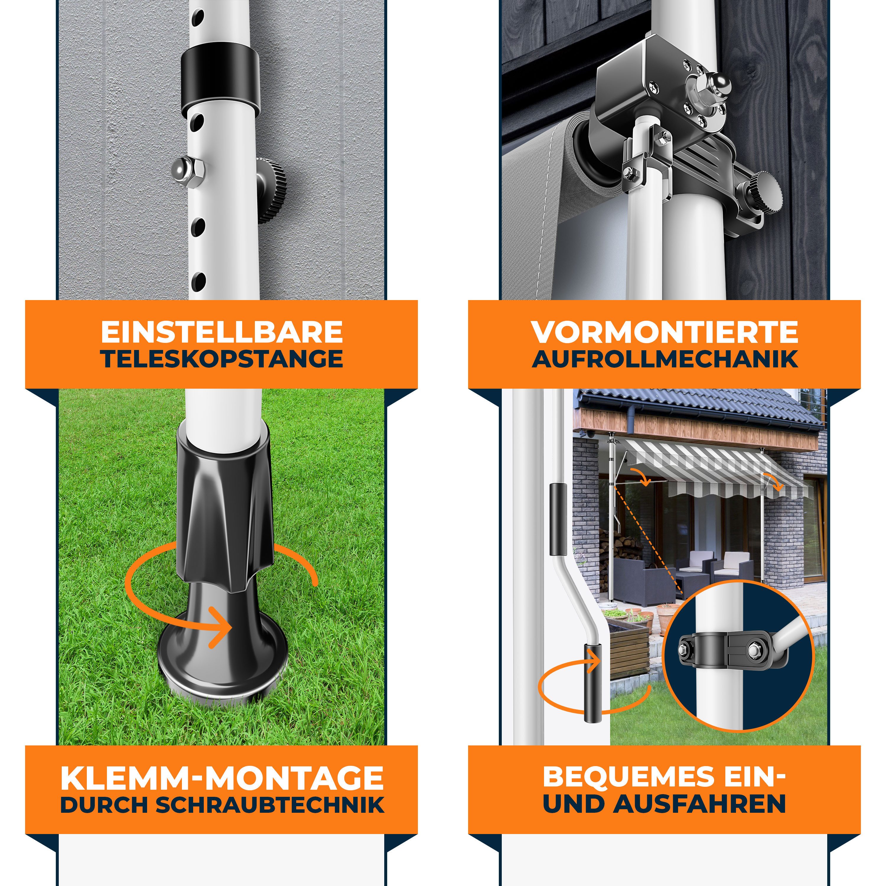 KESSER Klemmmarkise mit Handkurbel für Terrasse, Balkon & Garten UV-beständig, höhenverstellbar und wasserabweisend