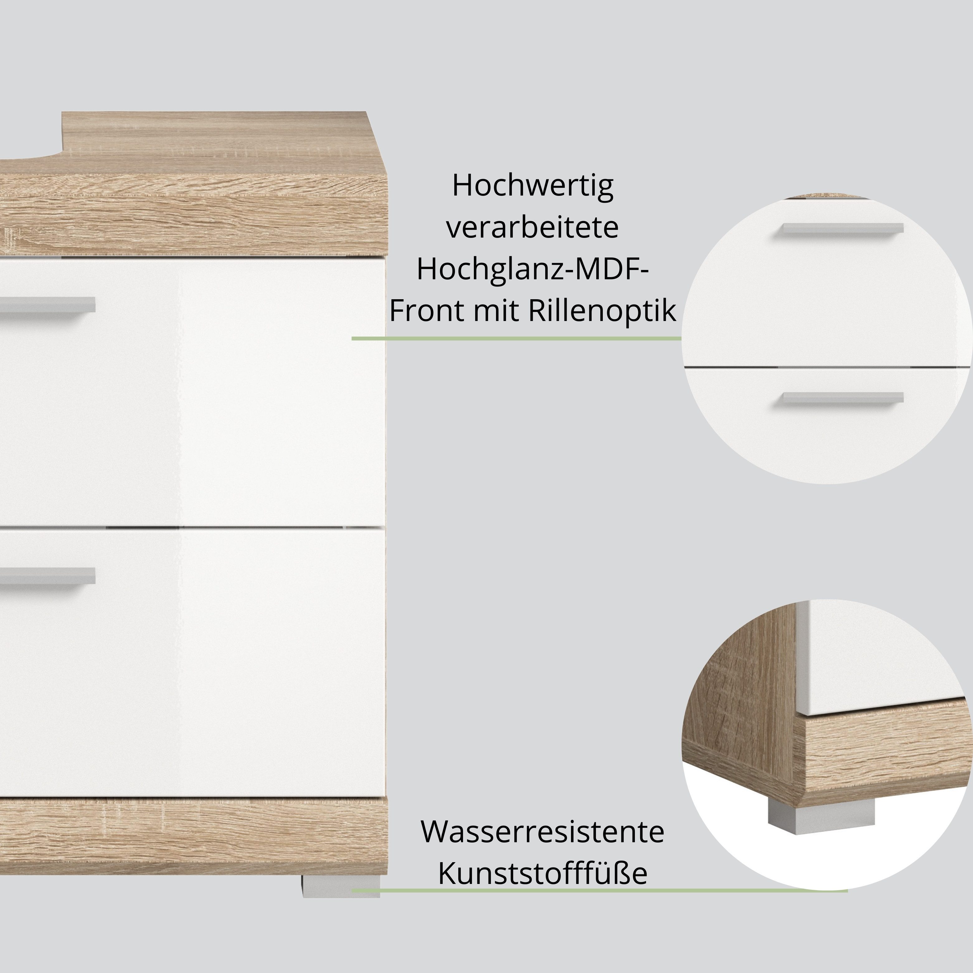 furnling Waschbeckenunterschrank Scott 2 Schubladen, Badmöbel, Badschrank, Badunterschrank, 60 cm breit – Bild 4 von 5