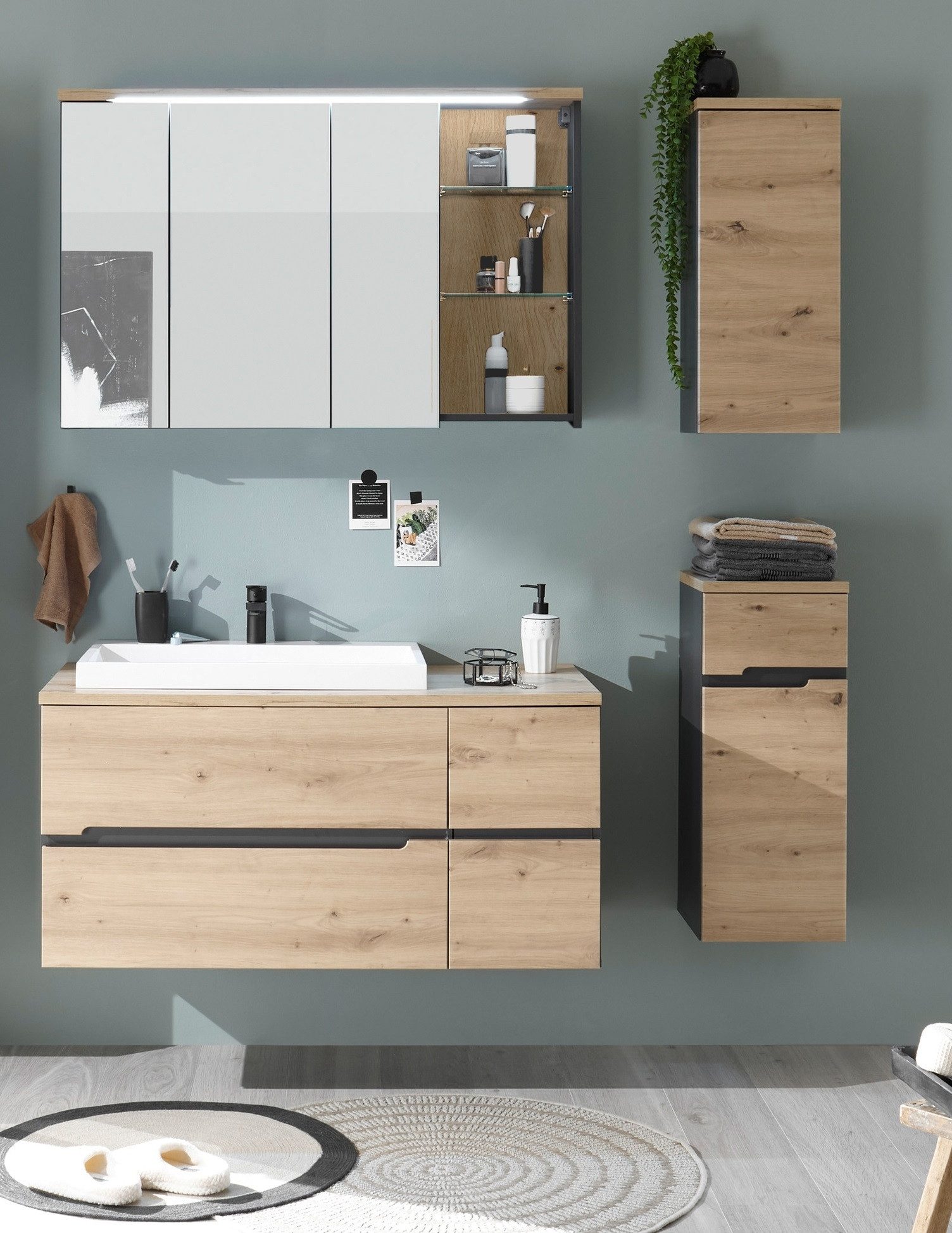 PREISBRECHER Badezimmer-Set Memphis, (4-tlg., Kommode), (4-tlg) Grau / Artisan Eiche Dekor - 160x176x53 (BxHxT)