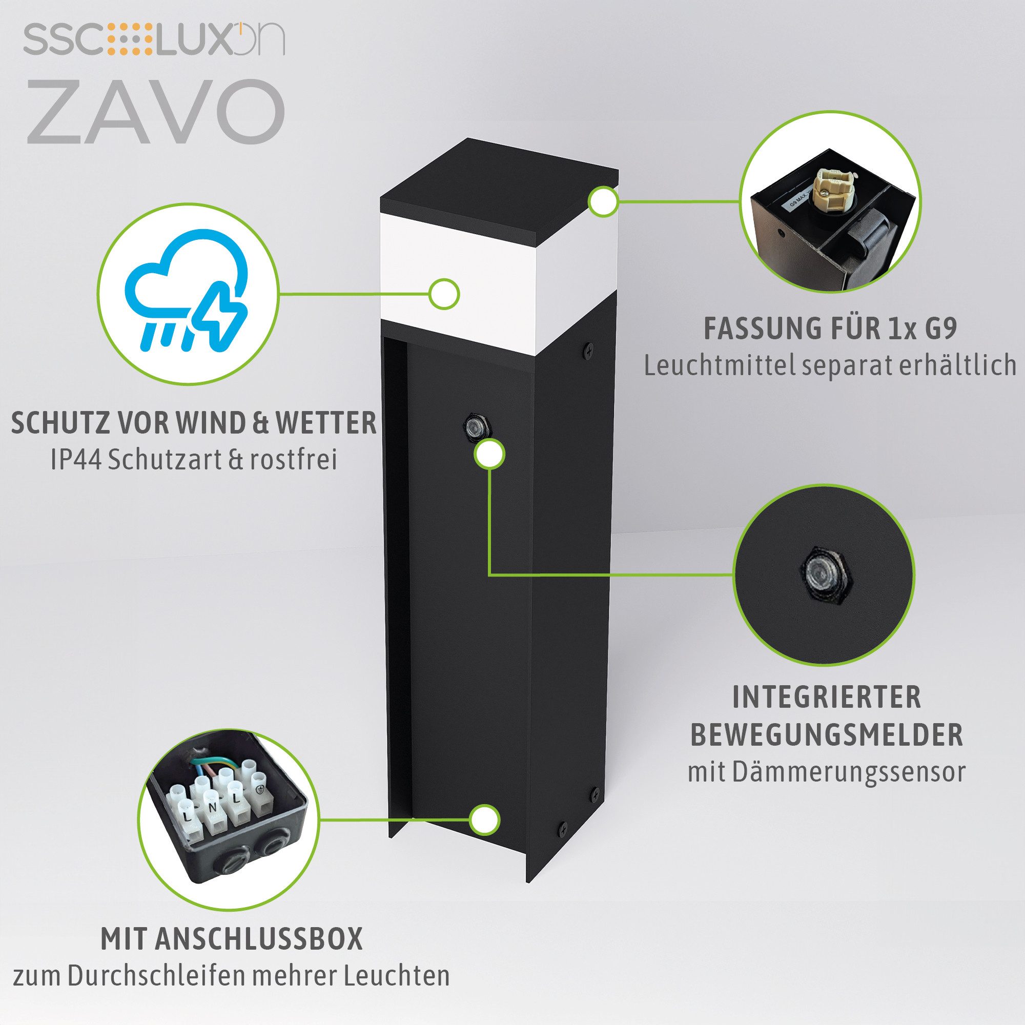 SSC-LUXon LED Gartenstrahler Wegeleuchte ZAVO schwarz für G9 Leuchtmittel mit Bewegungsmelder