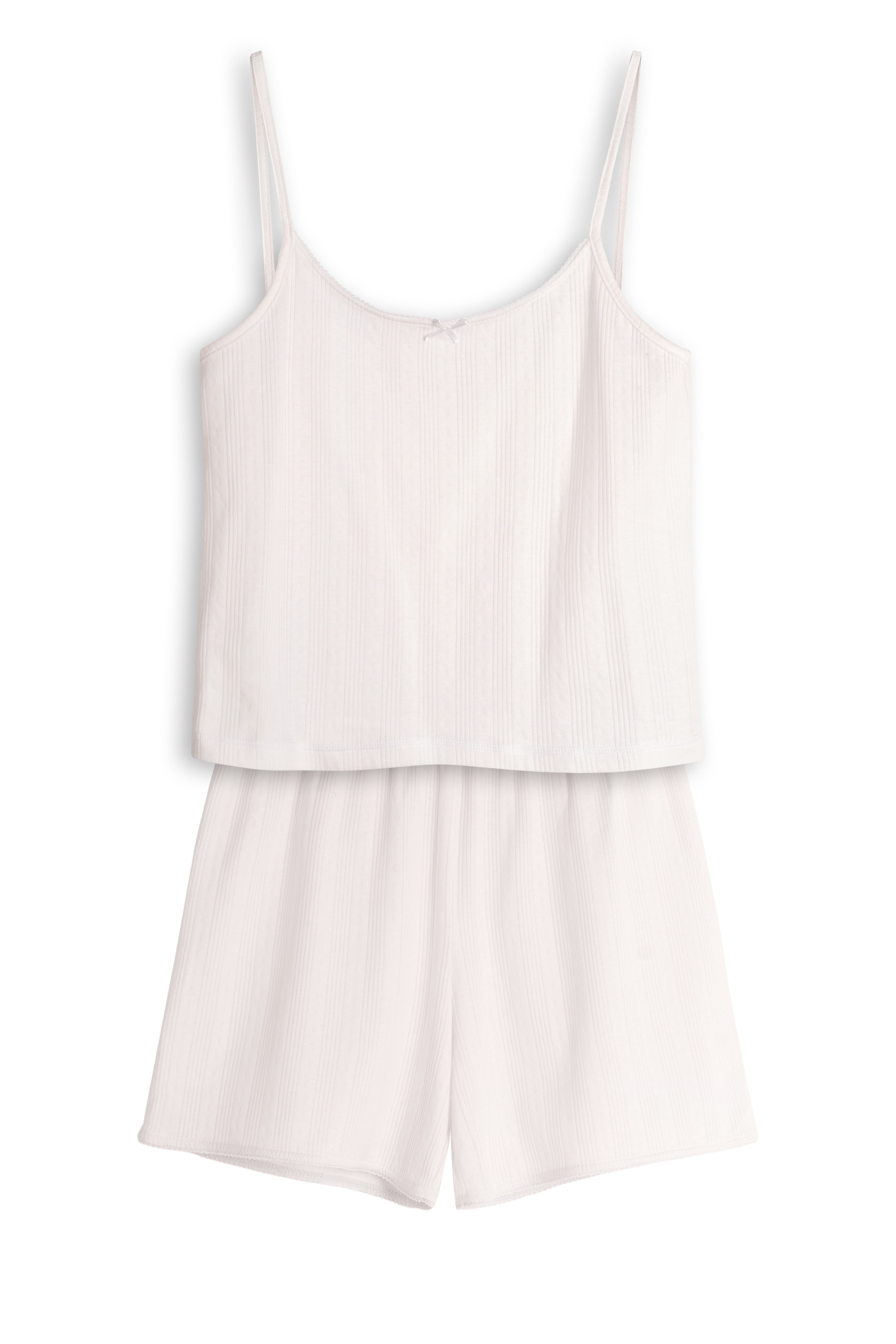 Mademoiselle Sommeil Shorty Damen Schlafanzug in weiß aus 100% Baumwolle, Spaghettitop & Shorts aus weichem Pointelle-Strick, luftiges Sommer-Set, gefertigt in Polen