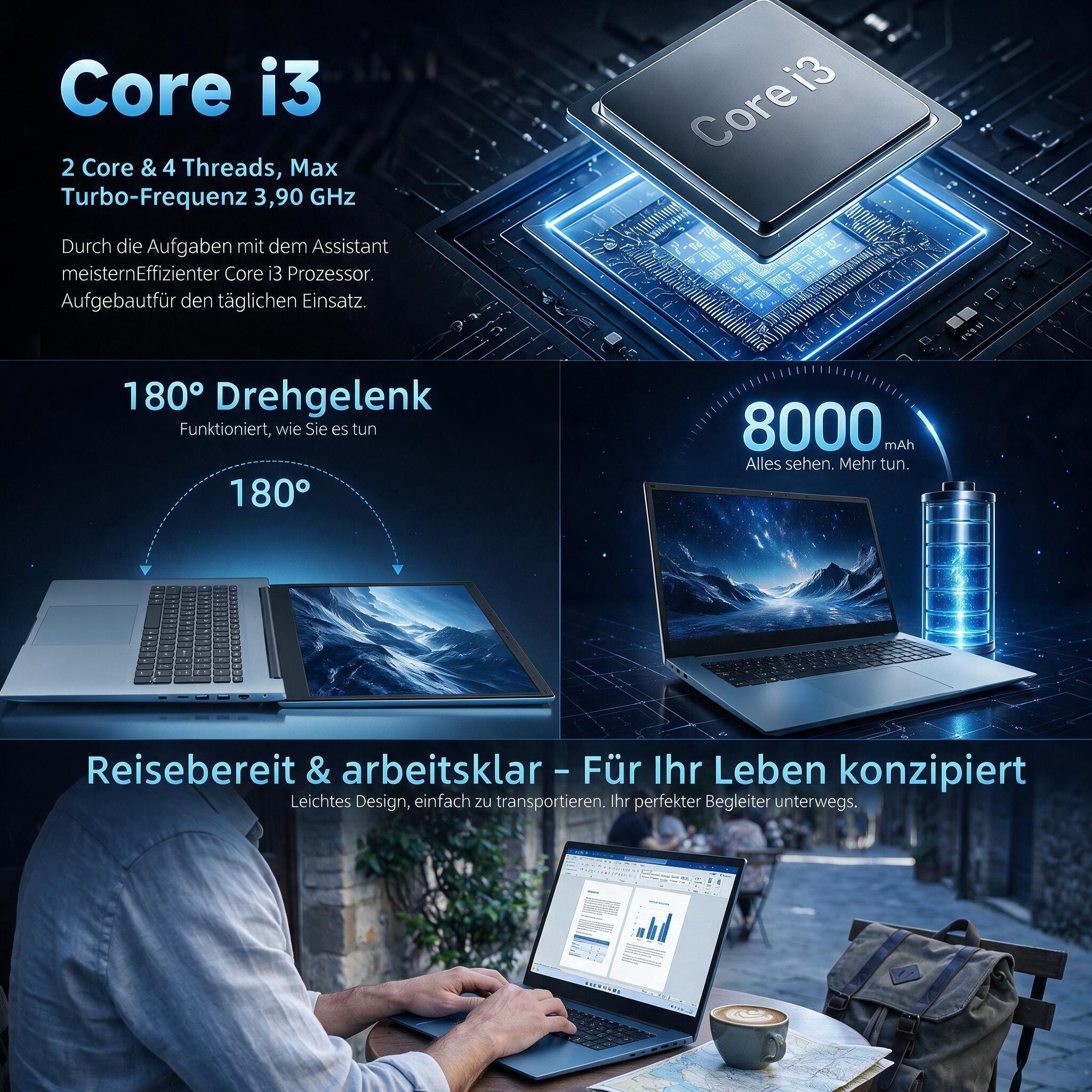 MENGHU 18,5″ Laptop, Intel i3, 16GB RAM, 256GB SSD erweiterbar, Microsoft 365 Notebook (Intel® Core™ i3‑10100Y, Intel® UHD Graphics 615, 16 GB, 256 GB SSD)