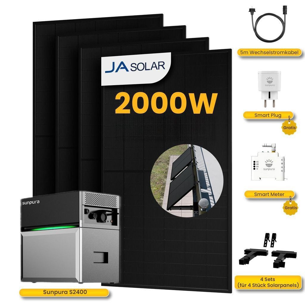 Sunpura Balkonkraftwerk 2000W Solaranlage mit Sunpura S2400 2,4kWh Speicher, Komplettset, (Gratisgeschenk: 1x Smart Meter und 1x Smart Steckdose), 4x JASolar 500Wp Full Black im Lieferumfang enthalten