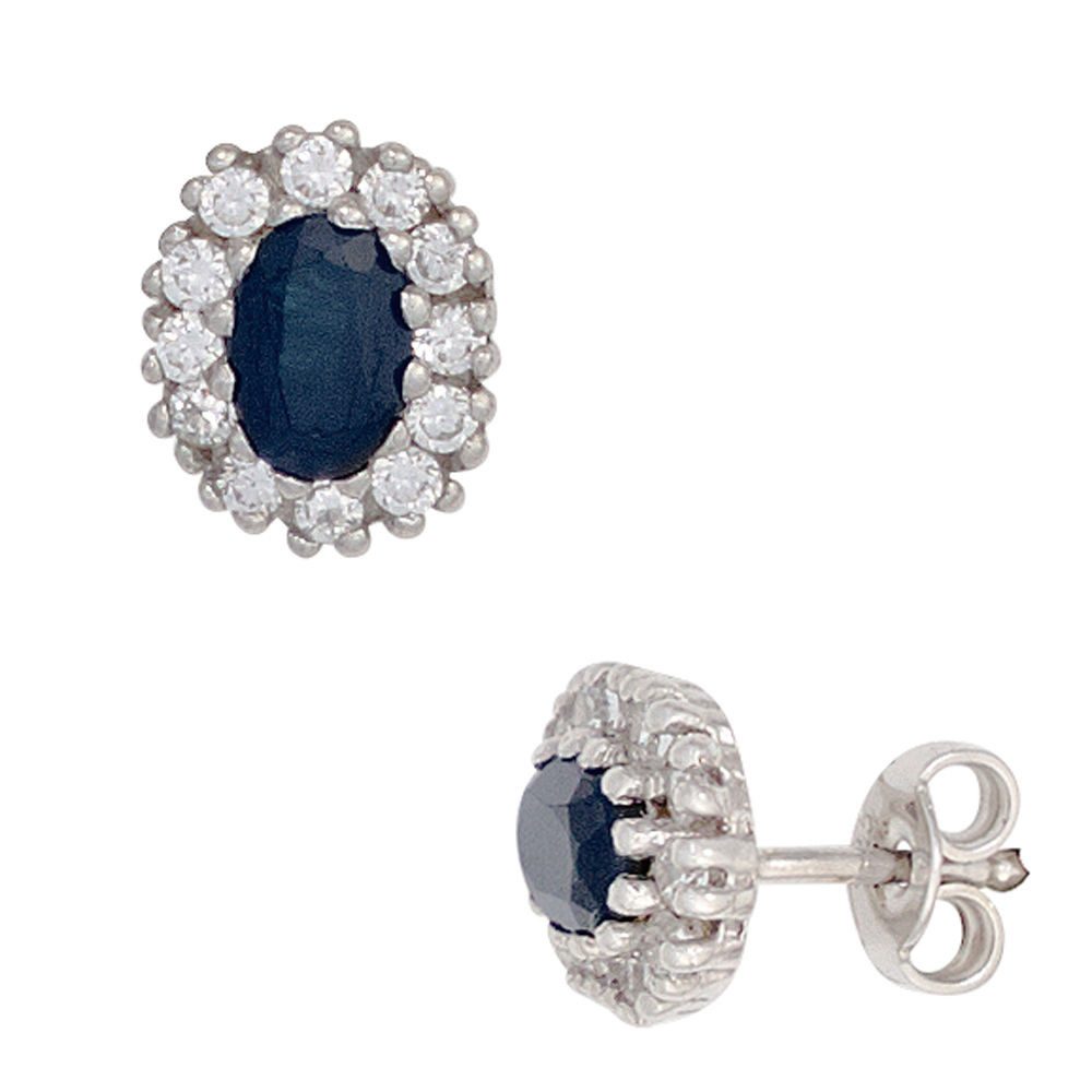 Schmuck Krone Paar Ohrstecker Ohrstecker Saphir blau & Zirkonia weiß, 925 Silber, Silber 925