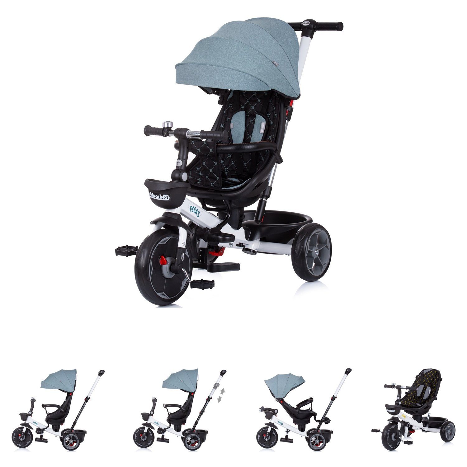 Chipolino Dreirad Tricycle 4 in 1 Pegas verstellbar, Sitz umkehrbar, Schiebestange, Dach