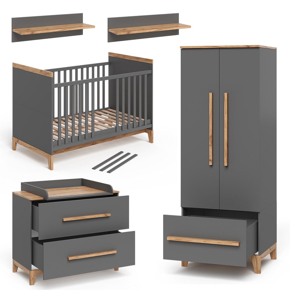 VitaliSpa® Babymöbel-Set Malia, Grau/Eiche/Eiche, 4er Set, (5-tlg., 5-er Set)