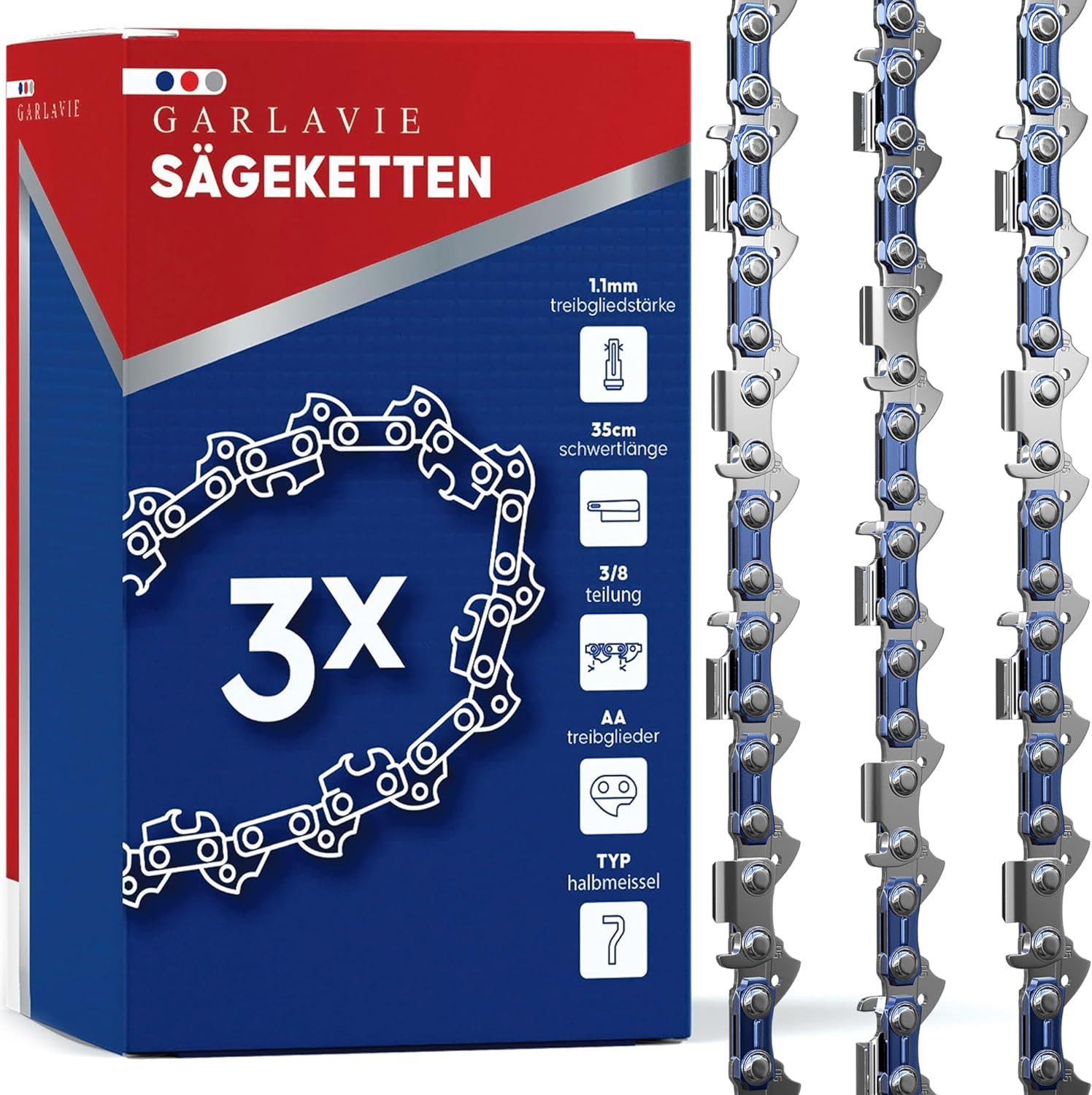 Garlavie Ersatzkette Set mit 3 kettensägenketten, (kompatibel mit vielen Marken, Hochwertige motorsägenkette)