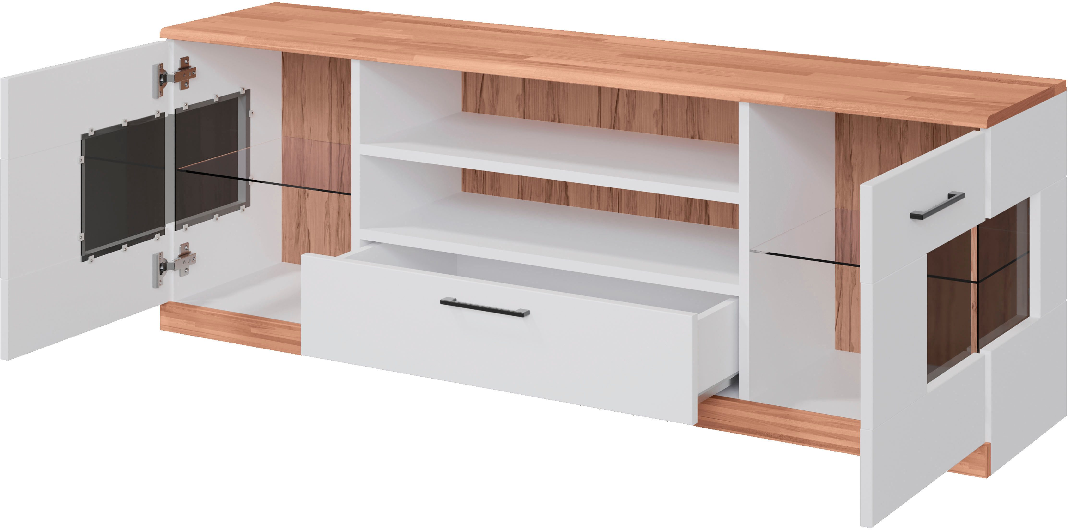 OTTO home Lowboard Ribe,160cm breit,55cm hoch,Oberplatte massiv, Oberplatte Massivholz,schwarze Metall Griffe,2 Türen mit Glaseinsatz