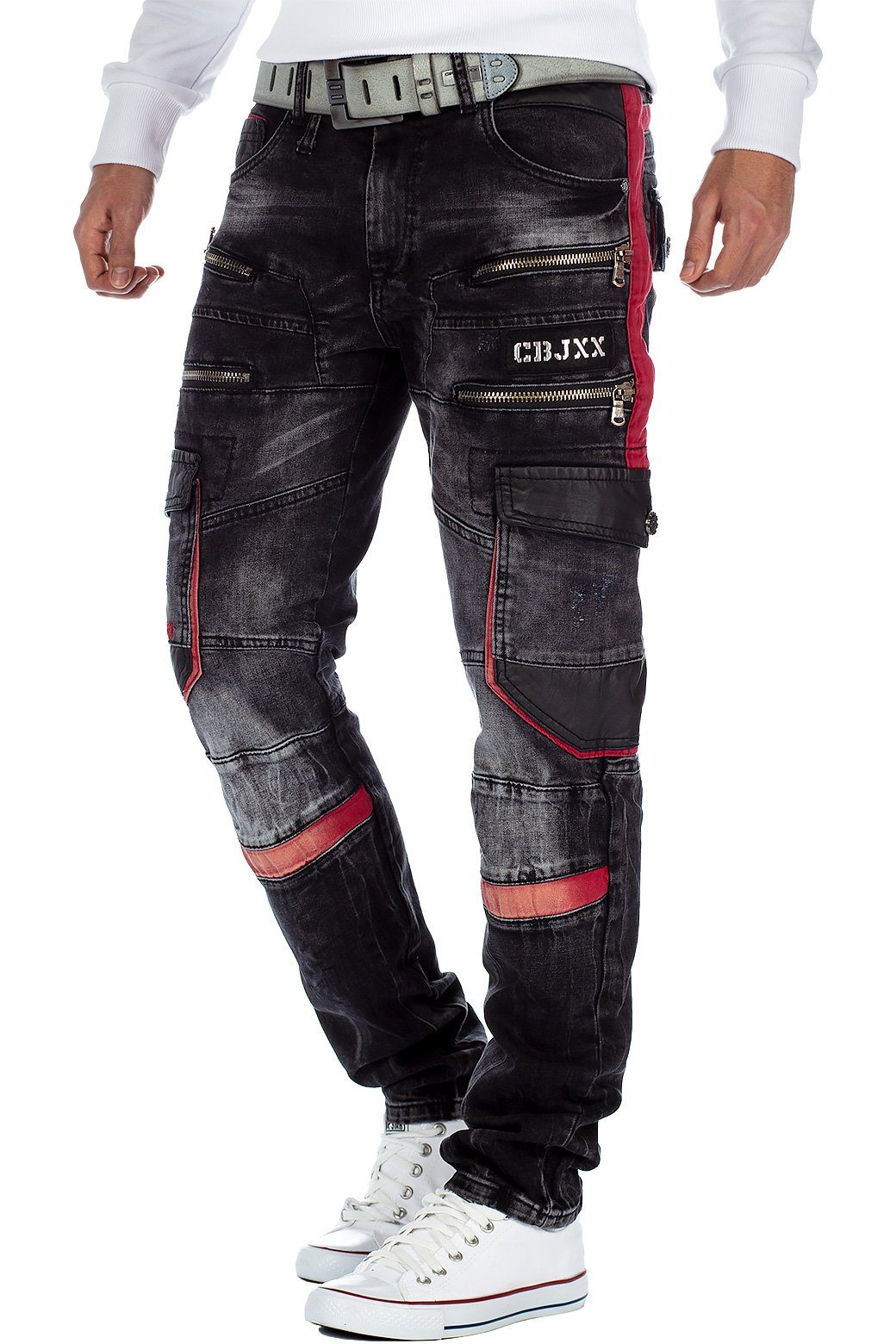 Cipo & Baxx Bikerjeans Herren straight fit Hose Stonewashed BA-CD561 4 Zipper und Cargostil Seitentaschen