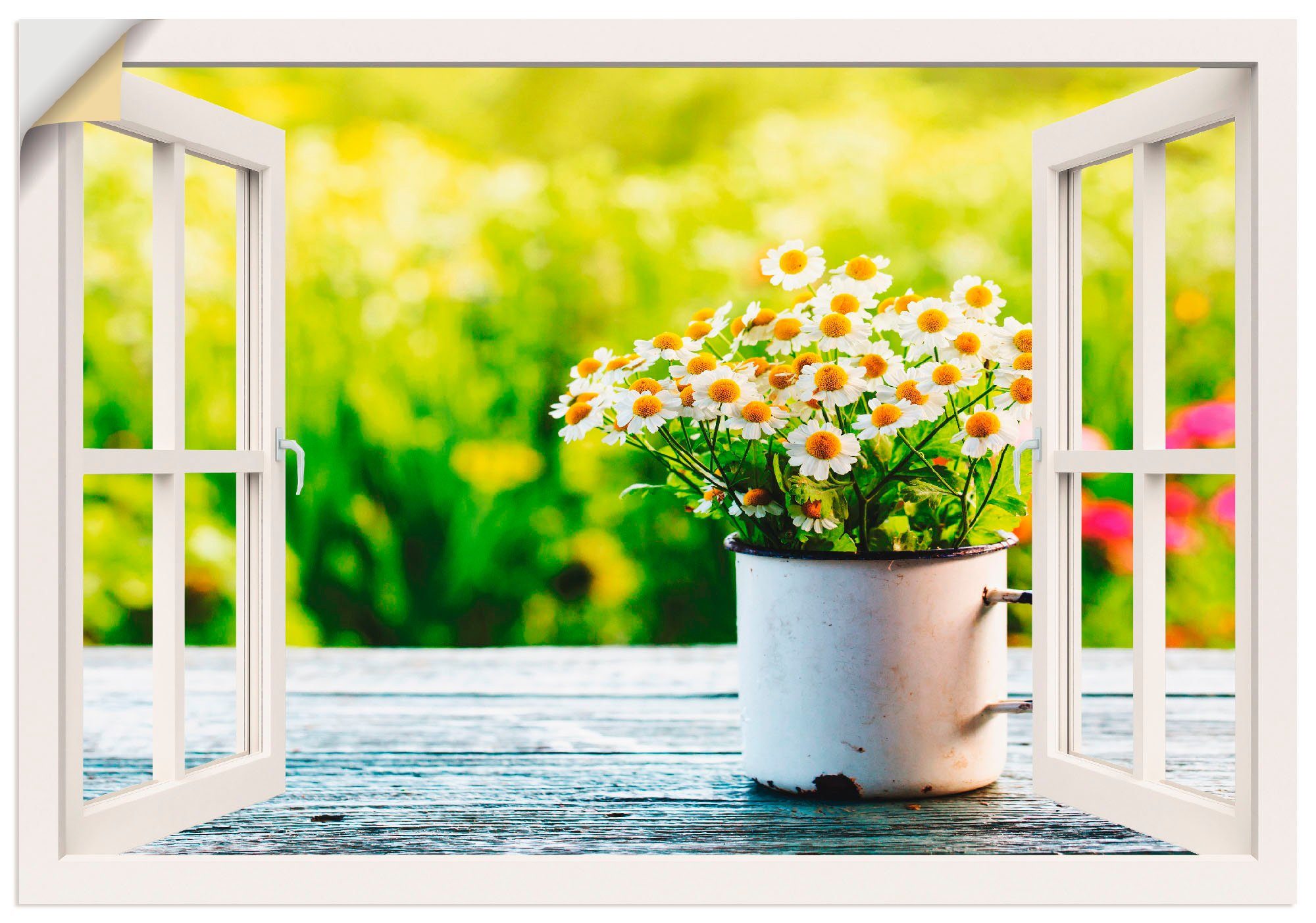 Artland Wandbild Fensterblick Garten mit Gänseblümchen, Blumen (1 St), als Alubild, Leinwandbild, Wandaufkleber oder Poster in versch. Größen