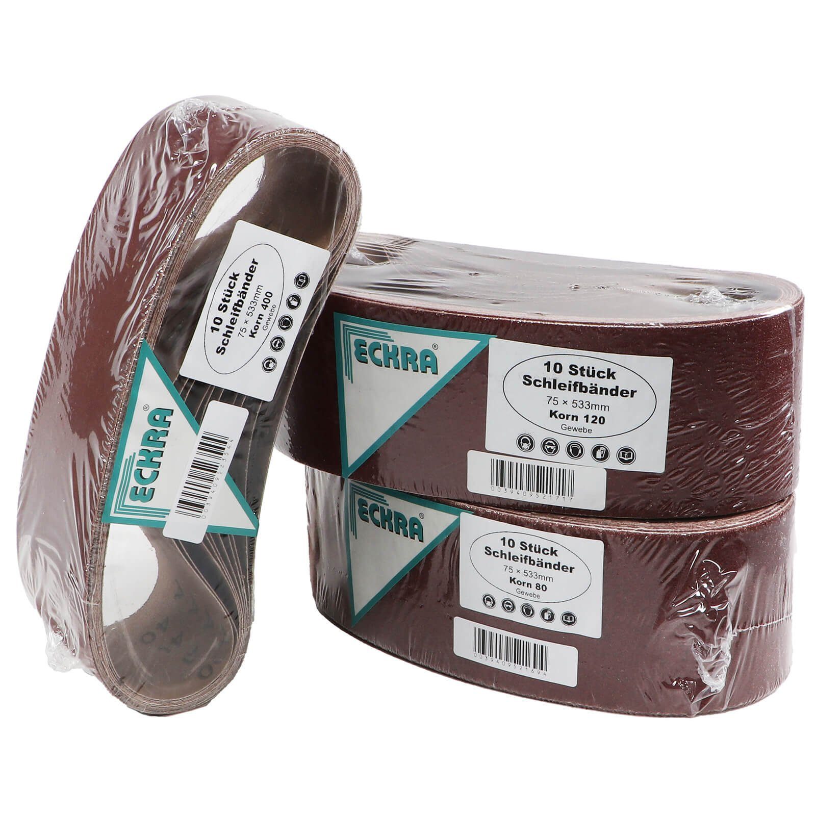 Eckra Schleifscheibe 30 Schleifbänder 75x533mm Sortiment Korn 80 120 400, für Bandschleifer