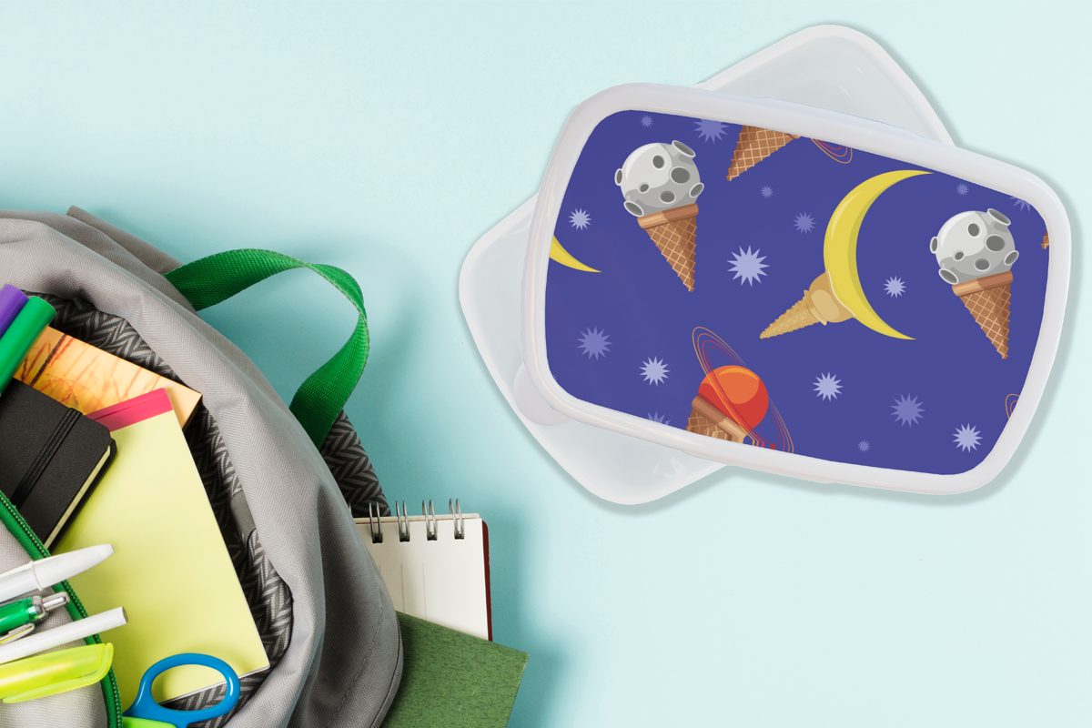 für Brotdose, Lunchbox MuchoWow für Kinder - Brotbox Muster, und Planeten Kunststoff, Mädchen - Erwachsene, (2-tlg), Eiswaffeln weiß Jungs und