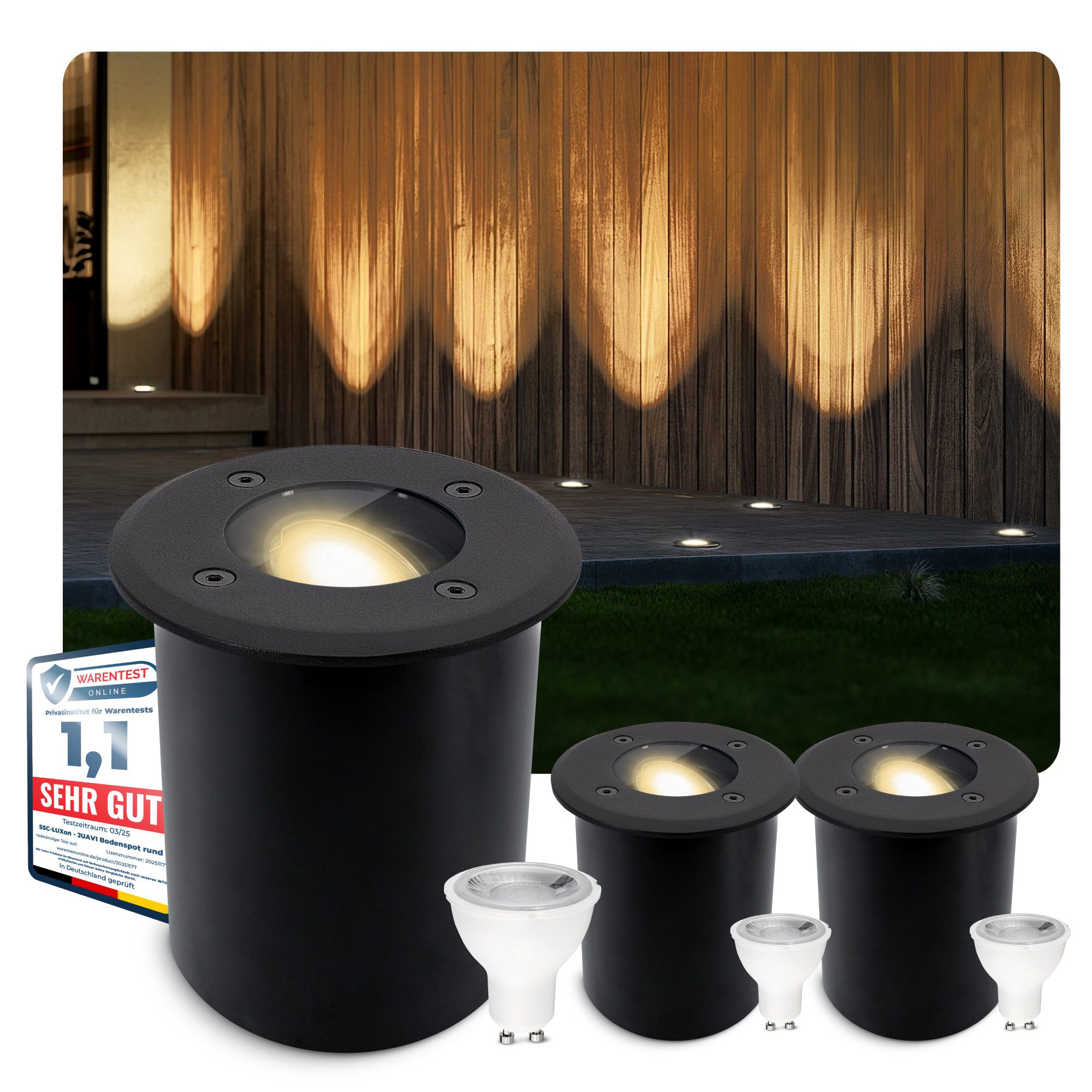 SSC-LUXon LED Gartenstrahler JUAVI Bodeneinbauleuchte IP67 schwarz mit GU10 3W warmweiß, LED wechselbar, Extra Warmweiß