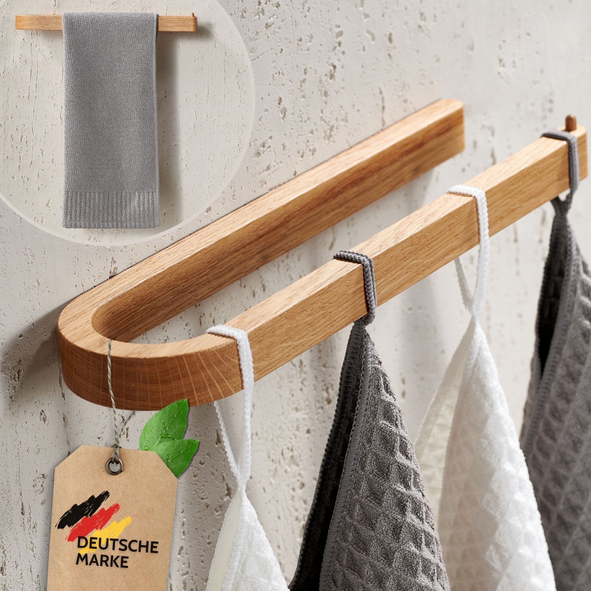 DEKAZIA Handtuchhalter aus massivem Eichenholz Kleben oder Bohren, selbstklebend, Handtuchleiste Wand Badezimmer WC, Design-Patent in …