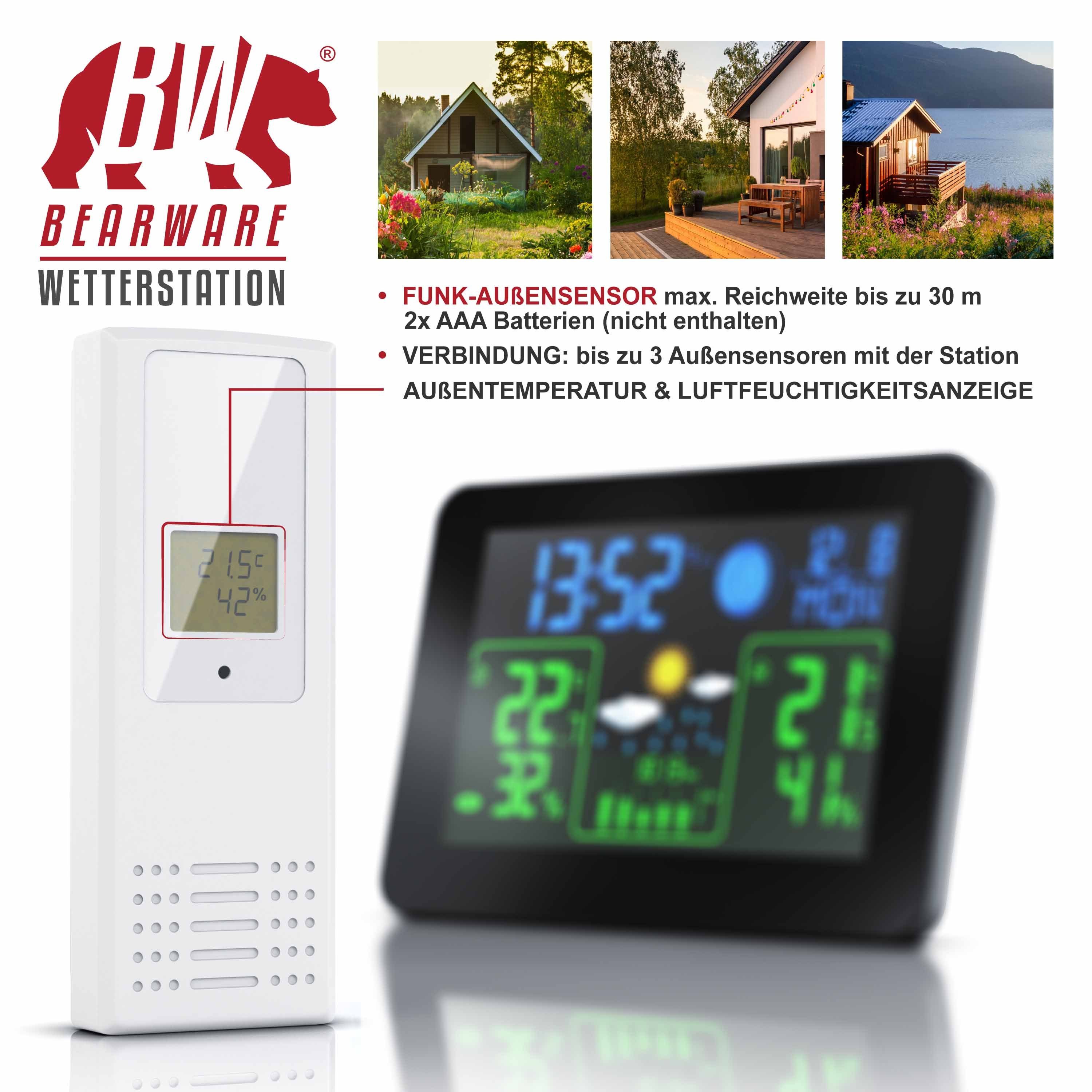 BEARWARE Wetterstation (mit Außensensor, Farb & Funk Wettervorhersage Barometer, uvm) Display mit Außensensor