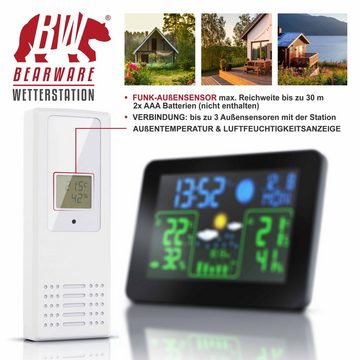 BEARWARE Wetterstation (mit Außensensor, Funk mit Farb Display & Außensensor Barometer, Wettervorhersage uvm)