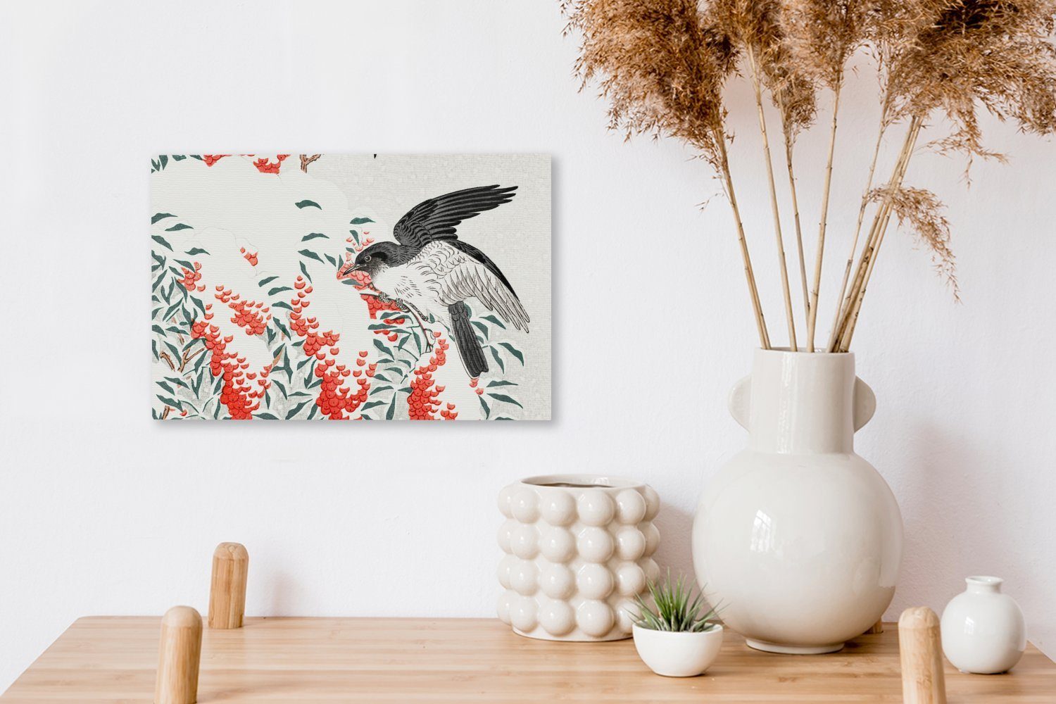 Leinwandbilder, Aufhängefertig, 30x20 - Leinwandbild Vogel (1 St), cm - OneMillionCanvasses® Wanddeko, Japanisch, Wandbild Beere