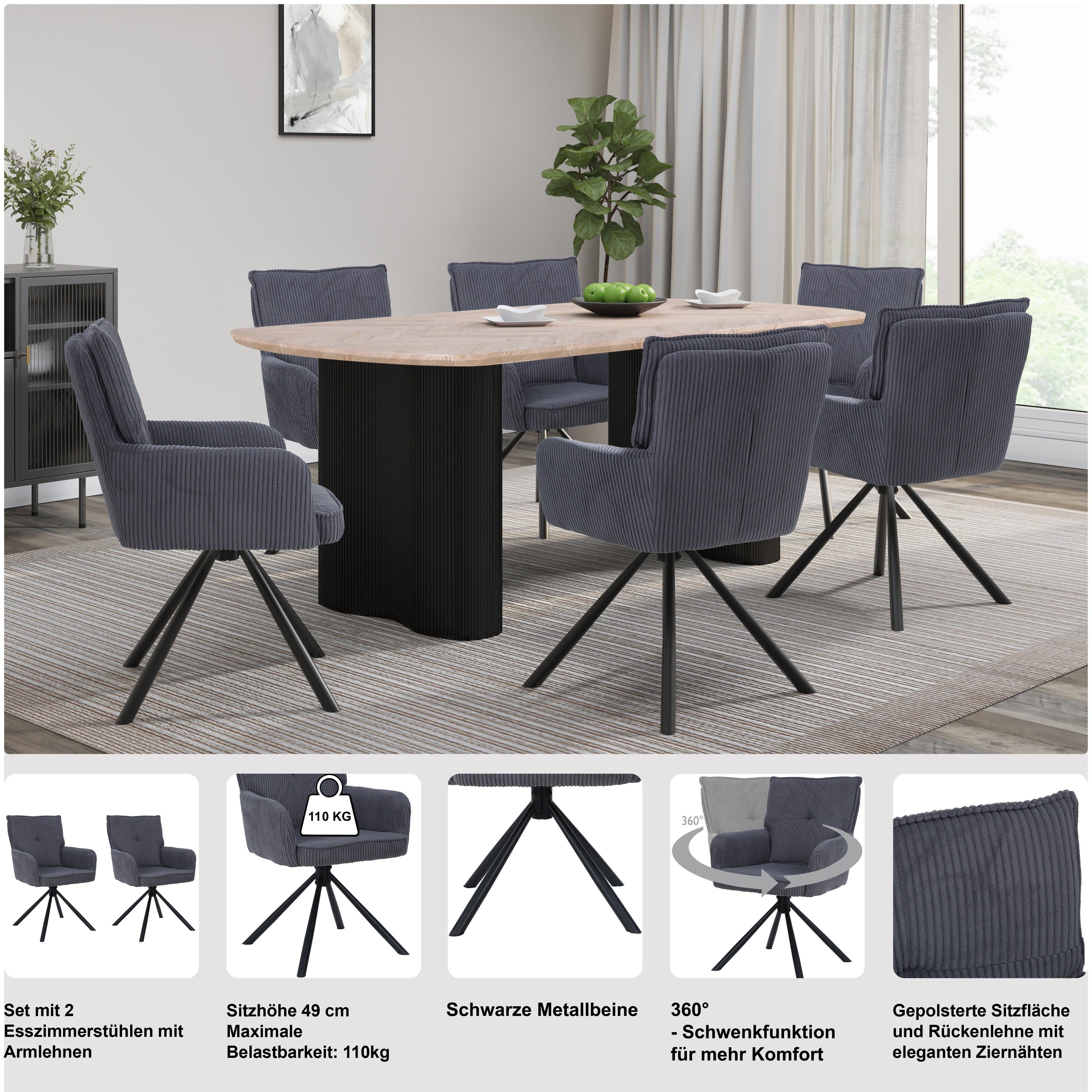 OTTO home Esszimmerstuhl Les Choux (2 St), gepolsterte Rückenlehne, Armlehne und Sitzfläche, Sitzhöhe 48 cm