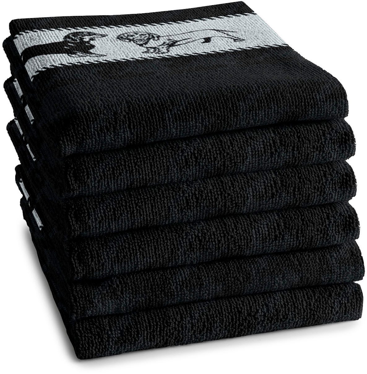 DDDDD Geschirrtuch DDDDD Küchentuch Saar 50 x 55 cm, Schwarz (6er-Pack), (Packung, 6-tlg), schnell trocknend, 100% Baumwolle, mit Dackel Bordüre