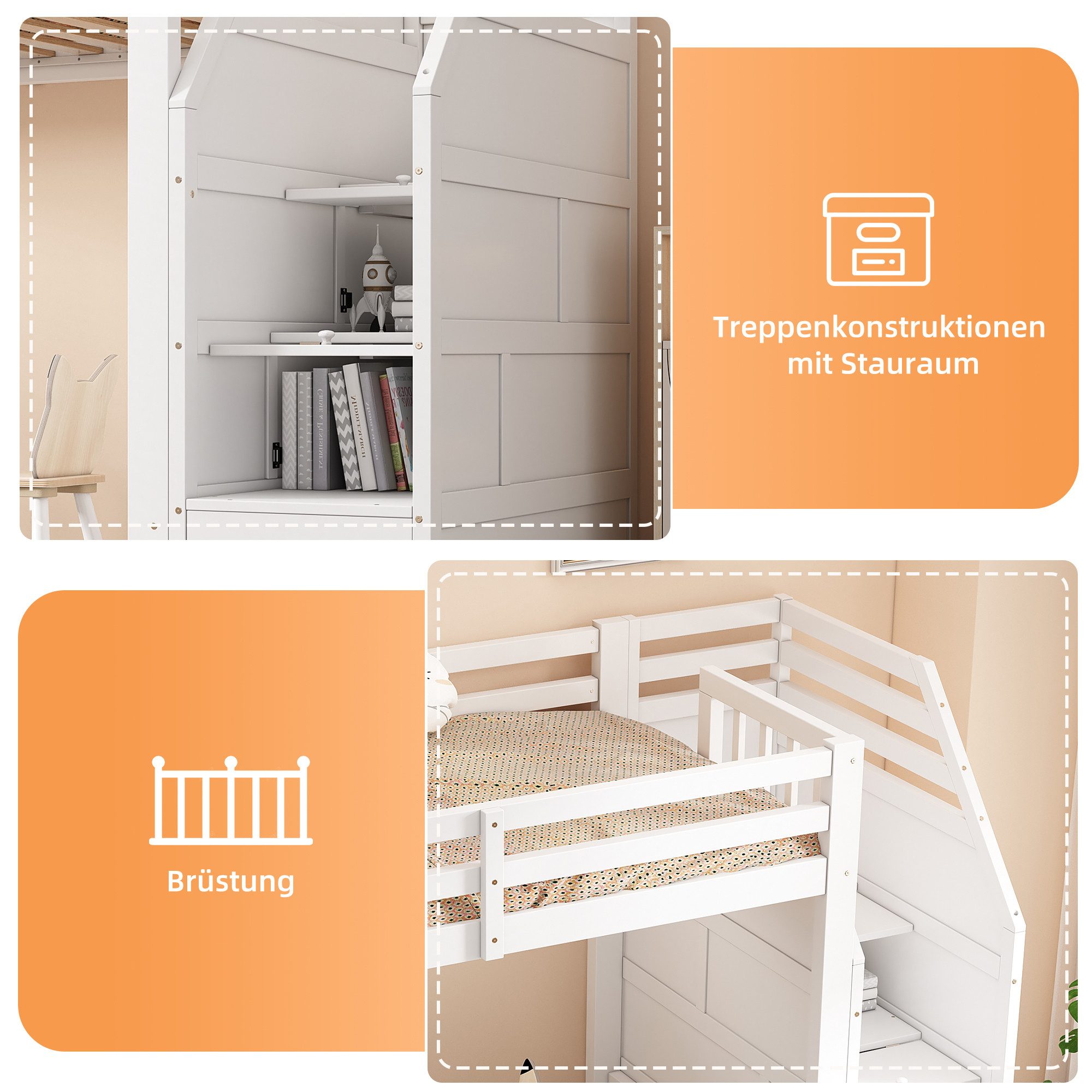 Ulife Loft Bed, Children's Bed, Youth Bed, Wooden Bed, Free Space Under the Bed (without mattress), Creative Storage Ladder, 90x200cm