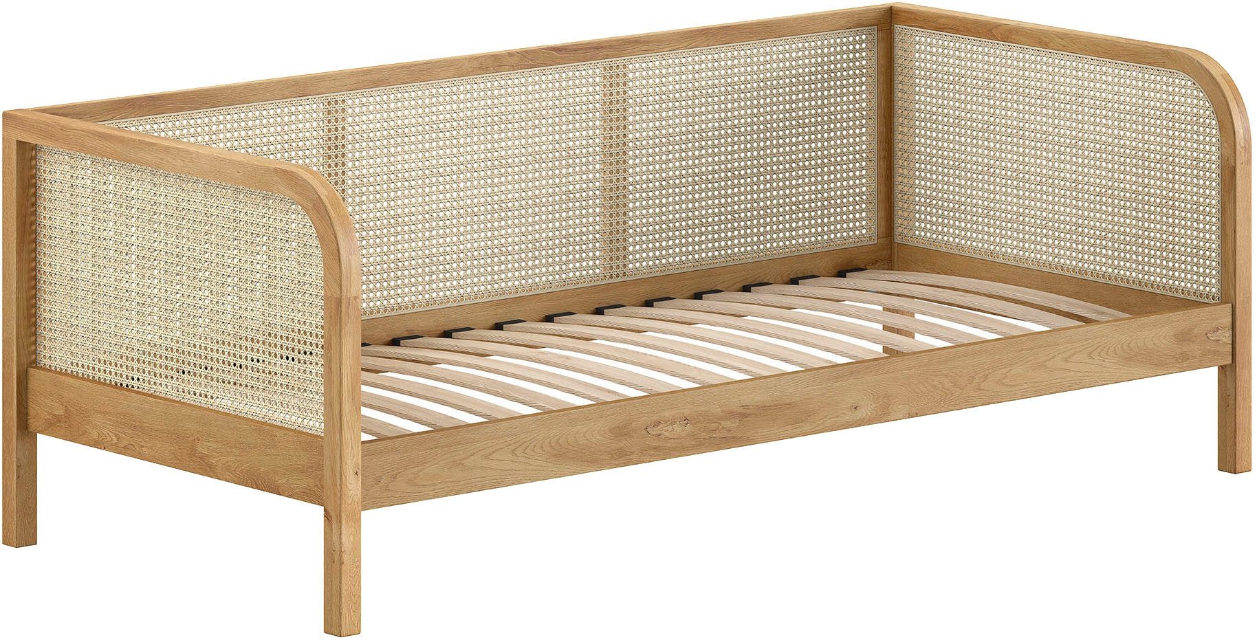 Home affaire Bett Olive, mit Eiche massiven Bettpfosten, Bettseiten furniert (B/H/T ca. 210x75x96,6cm, Auf. Natur, zeitloses Design), 90/200 inkl. Lattenrost und trendigen Rattan Kopf- u. Seitenteilen