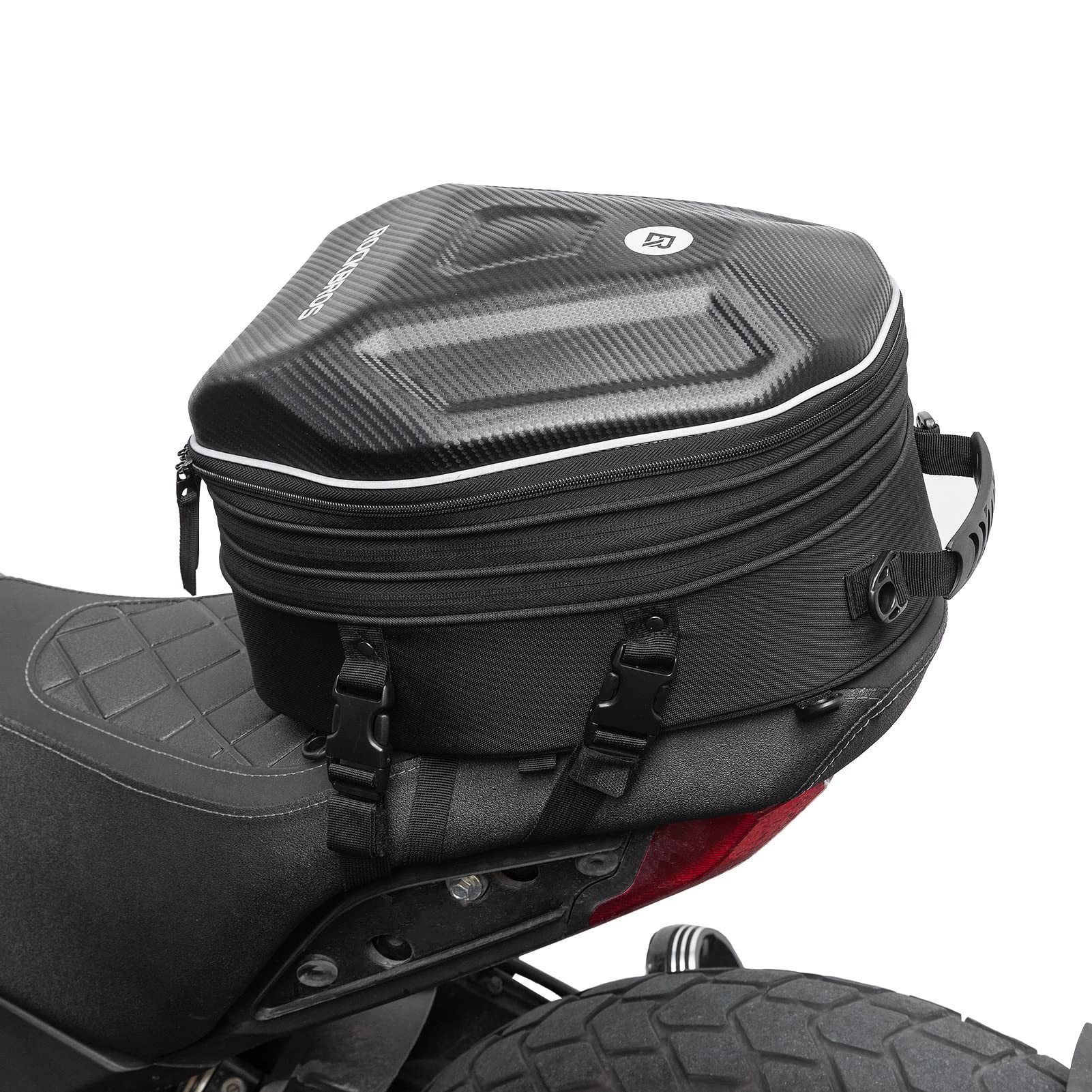 ROCKBROS Gepäckträgertasche Hecktasche Motorrad, Motorrad Sitztasche mit Regenschutz (Wasserdicht, 1-tlg., Reflektierend), 20-35L, Motorrad Helm Tasche Erweiterbarem