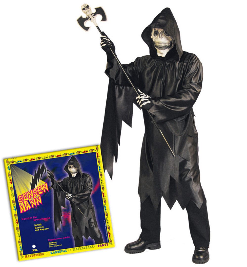 Fries Kostüm Horror Sensenmann Cape Umhang XXL mit Kapuze Schwarz Halloween, Mit Kapuze