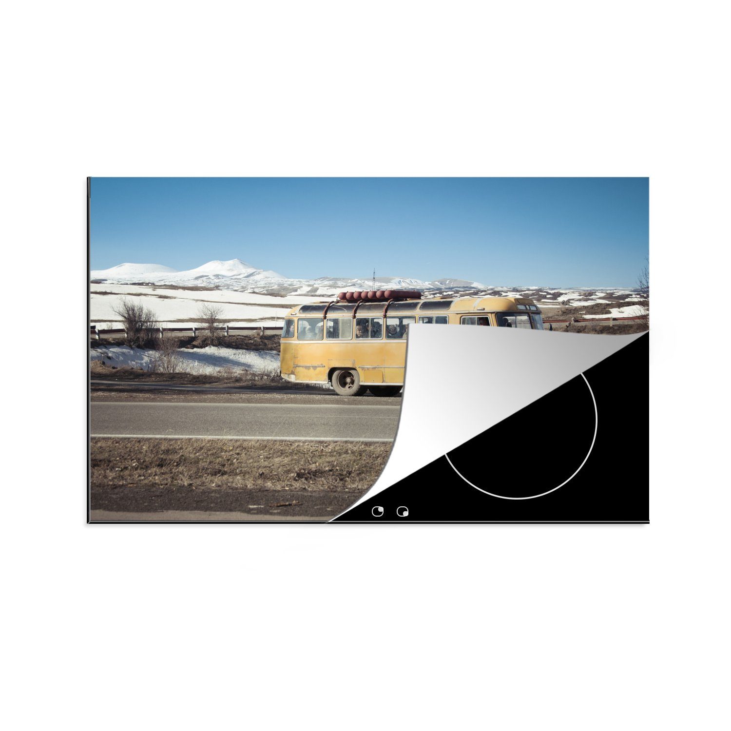 MuchoWow Herdblende-/Abdeckplatte Bus - Jahrgang - Gelb, Vinyl, (1 tlg), 81x52 cm, Induktionskochfeld Schutz für die küche, Ceranfeldabdeckung