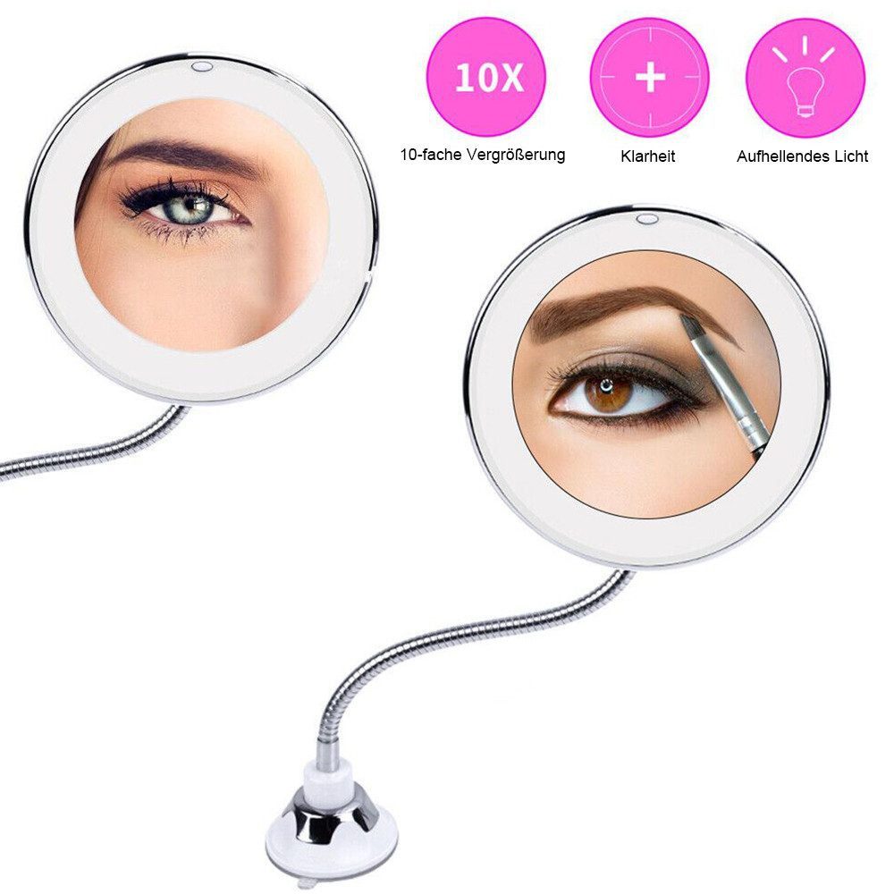 feinlux Schminkspiegel Kosmetikspiegel Vergrößerungsspiegel mit 10-fache (Packung, LED Beleuchtung Saugnapf Kosmetikspiegel), Geeignet für Make-up, das Einsetzen von Kontaktlinsen