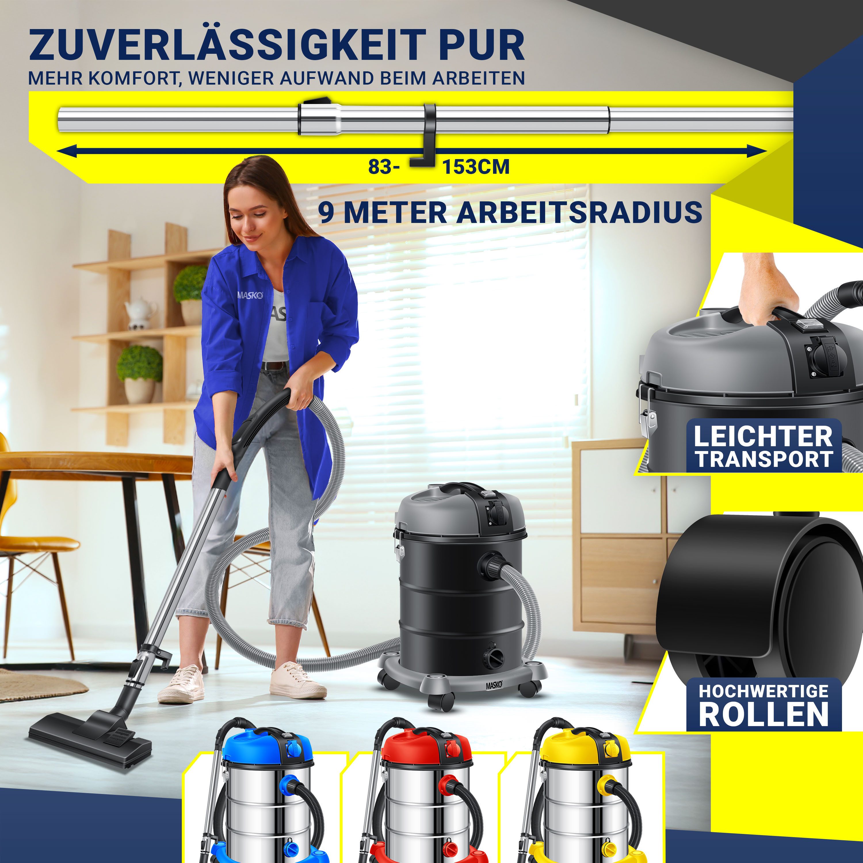 MASKO Industriesauger, 34 W, Industriestaubsauger Staubsauger Nass Trocken Sauger Edelstahl