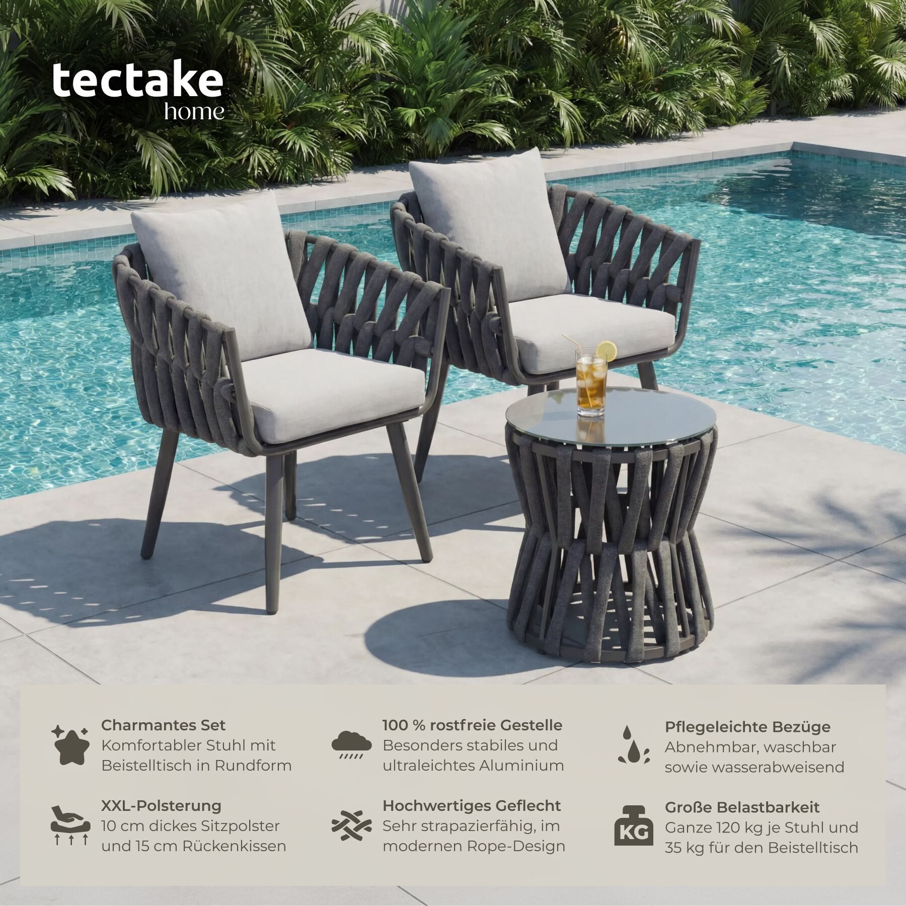 tectake Gartenlounge-Set Aluminium Sitzgruppe, höhenverstellbar, mit Sicherheitsglasplatte, (Set., 3-tlg., im Rope-Design in anthrazit/grau), wetterfest und UV-beständig, gepolstert, Belastbarkeit Stuhl 120 kg