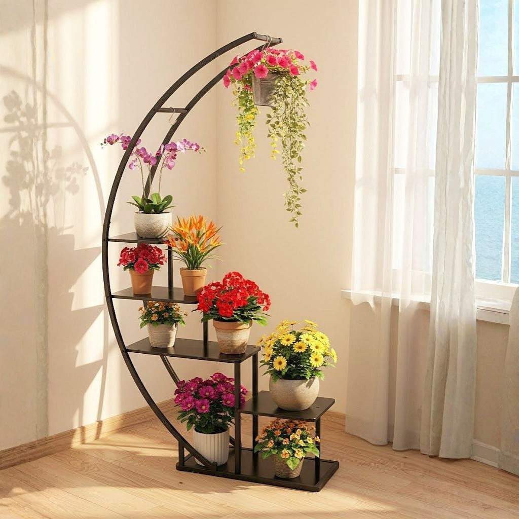 DanDiBo Blumenständer Indoor 170 cm Hoch Metall Schwarz Halbrund 96585 Blumenregal Groß Rund, Blumentreppe Pflanzenständer Modern Design Pflanzenhocker
