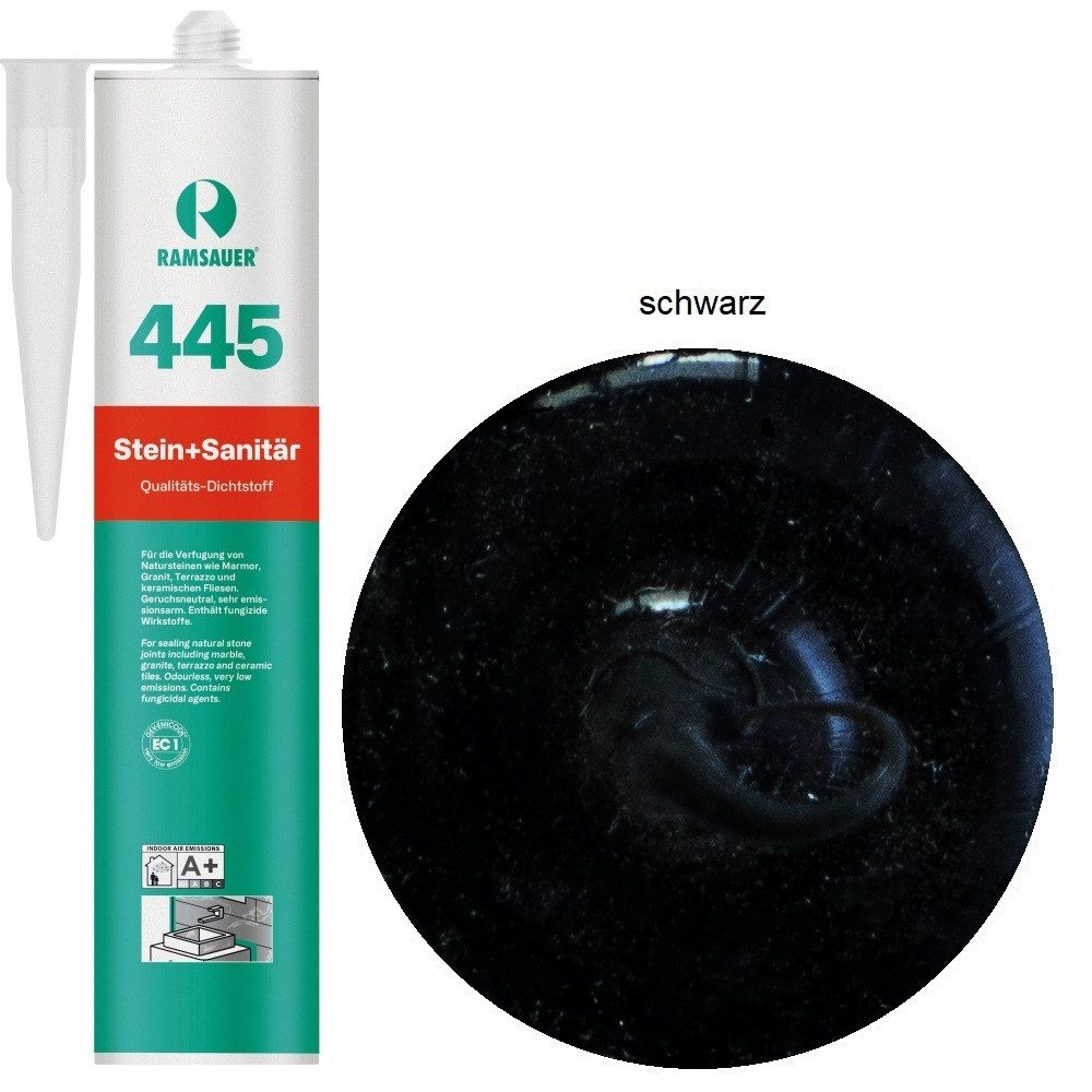 Ramsauer Dichtstoff Ramsauer 445 Stein und Sanitär 1K Silikon Dichtstoff 310ml Kartusche, gebrauchsfertig, geruchsneutral, keine Randzonenverschmutzung