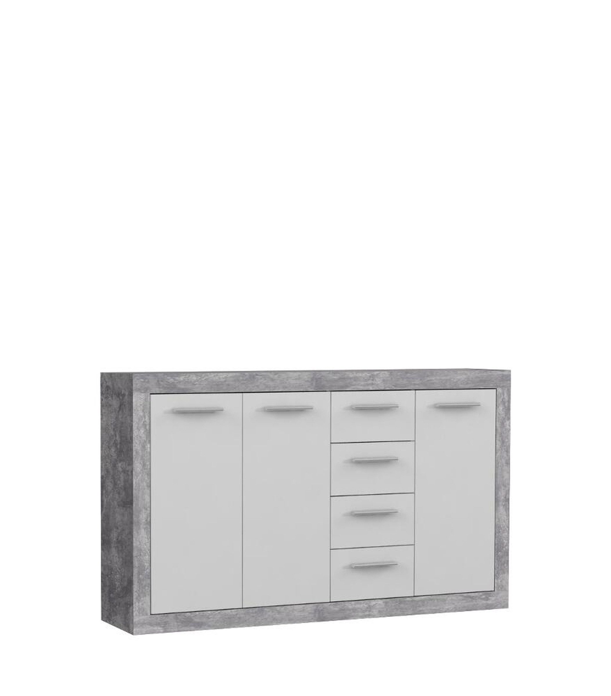 PREISBRECHER Sideboard BACCIO, 3 Türen, 4 Schübe, Betonoptik grau / Weiss - 152,4x91,8x33,8cm (BxHxT)