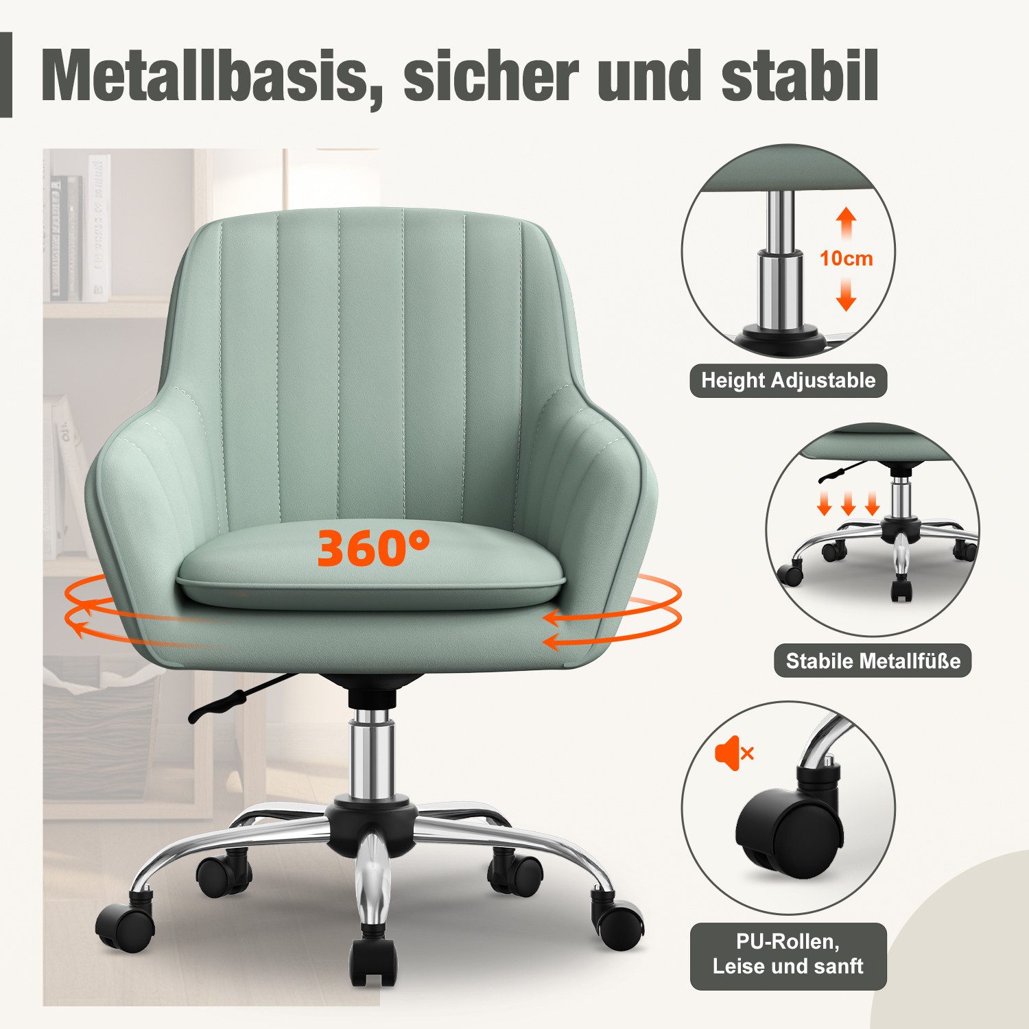Adormii Bürostuhl Homeoffice Stuhl,Schminkstuhl mit Armlehnen,Drehstuhl mit Rrollen (Samt Stuhl,höhenverstellbar,für Schminktisch,Arbeitszimmer, Schlafzimmer,15 – Bild 4 von 5