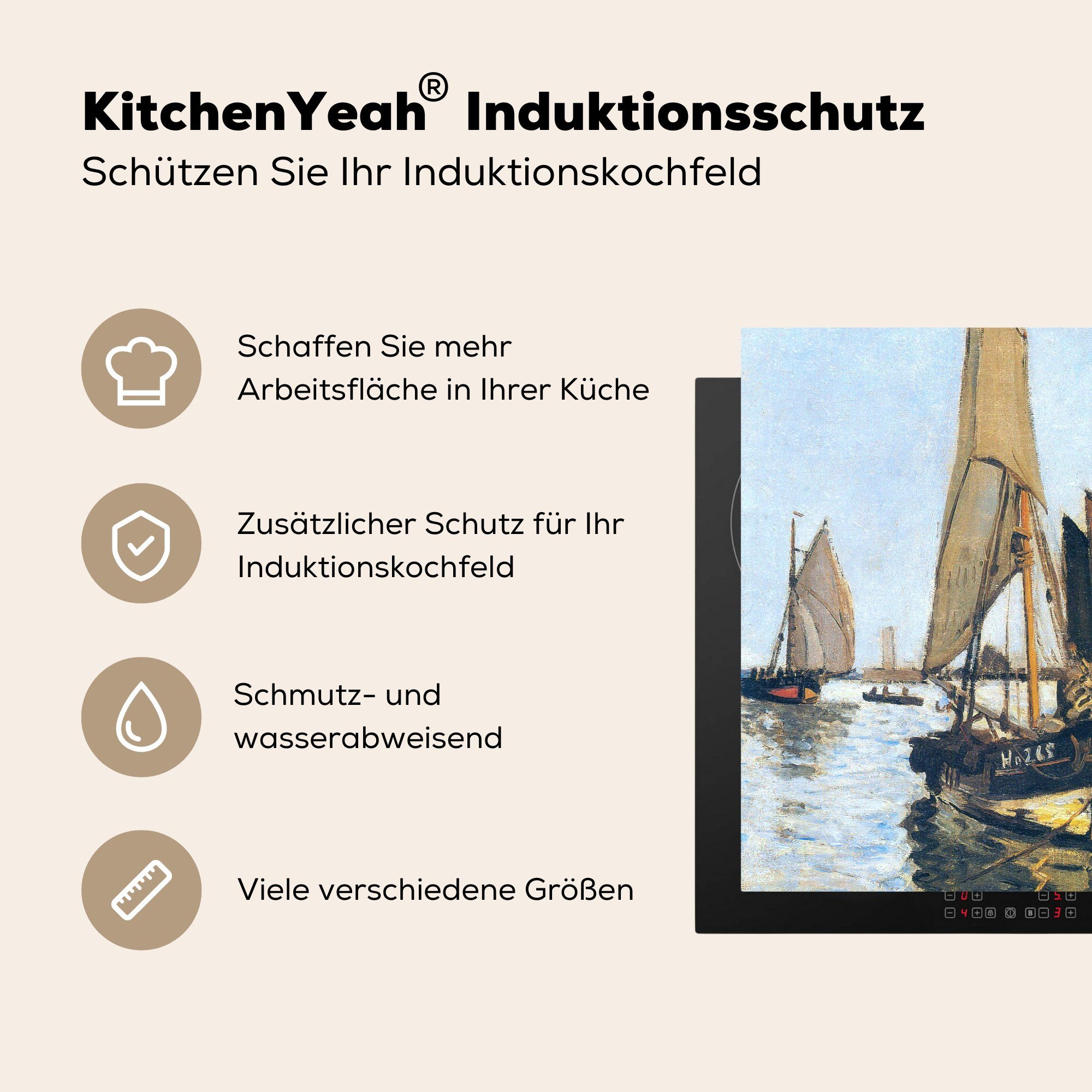 78x78 (1 Herdblende-/Abdeckplatte Honfleur cm, Monet, tlg), in - Vinyl, küche für Claude Arbeitsplatte Segelboote MuchoWow Ceranfeldabdeckung,