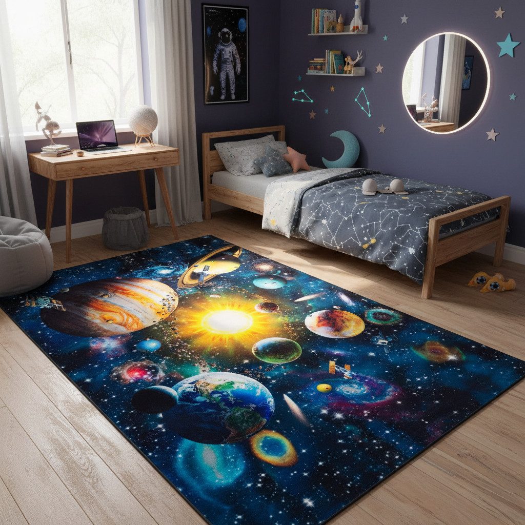 Tapiso Kinderteppich COSMO GAME, rechteckig, Höhe: 7 mm, Rutschfester Kinder- und Gamer-Teppich mit buntem Design