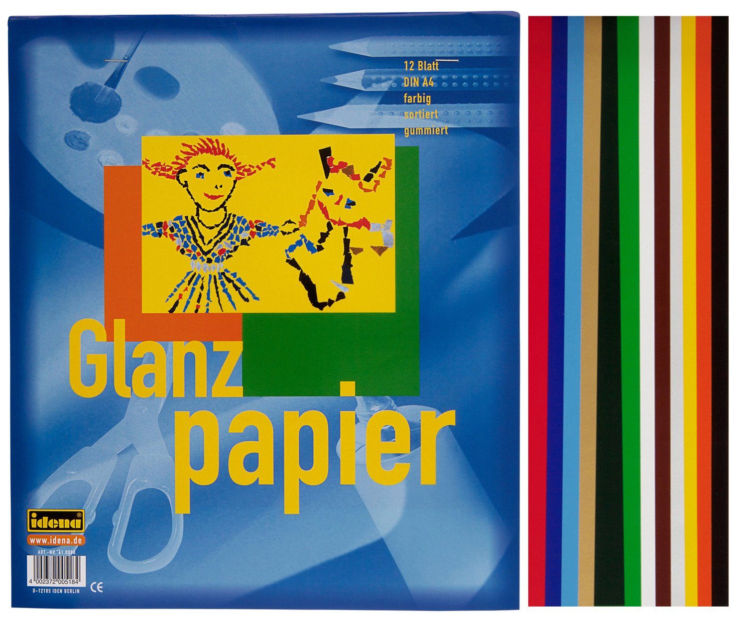 Idena Bastelkartonpapier Idena Glanzpapier A4 12 Blatt sort.,gummiert