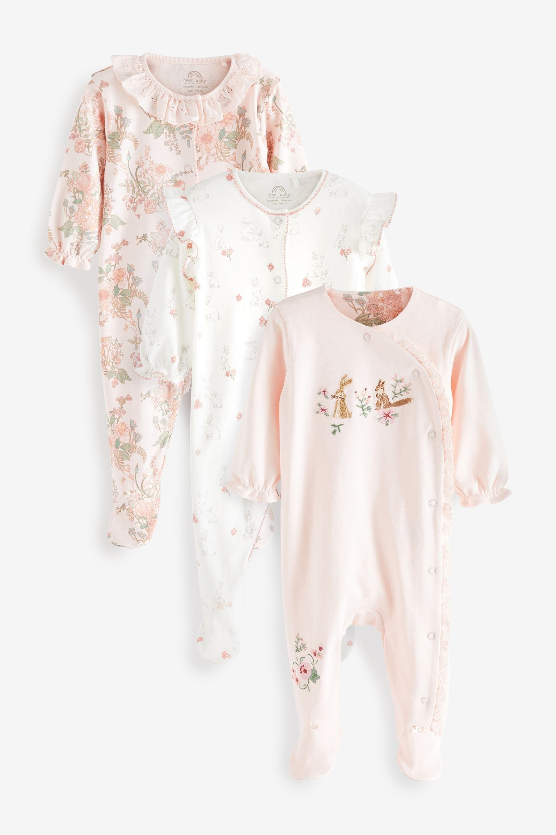 Next Schlafoverall Pyjamas, 3er-Pack Pale Bunny/Floral (3-tlg) Pink