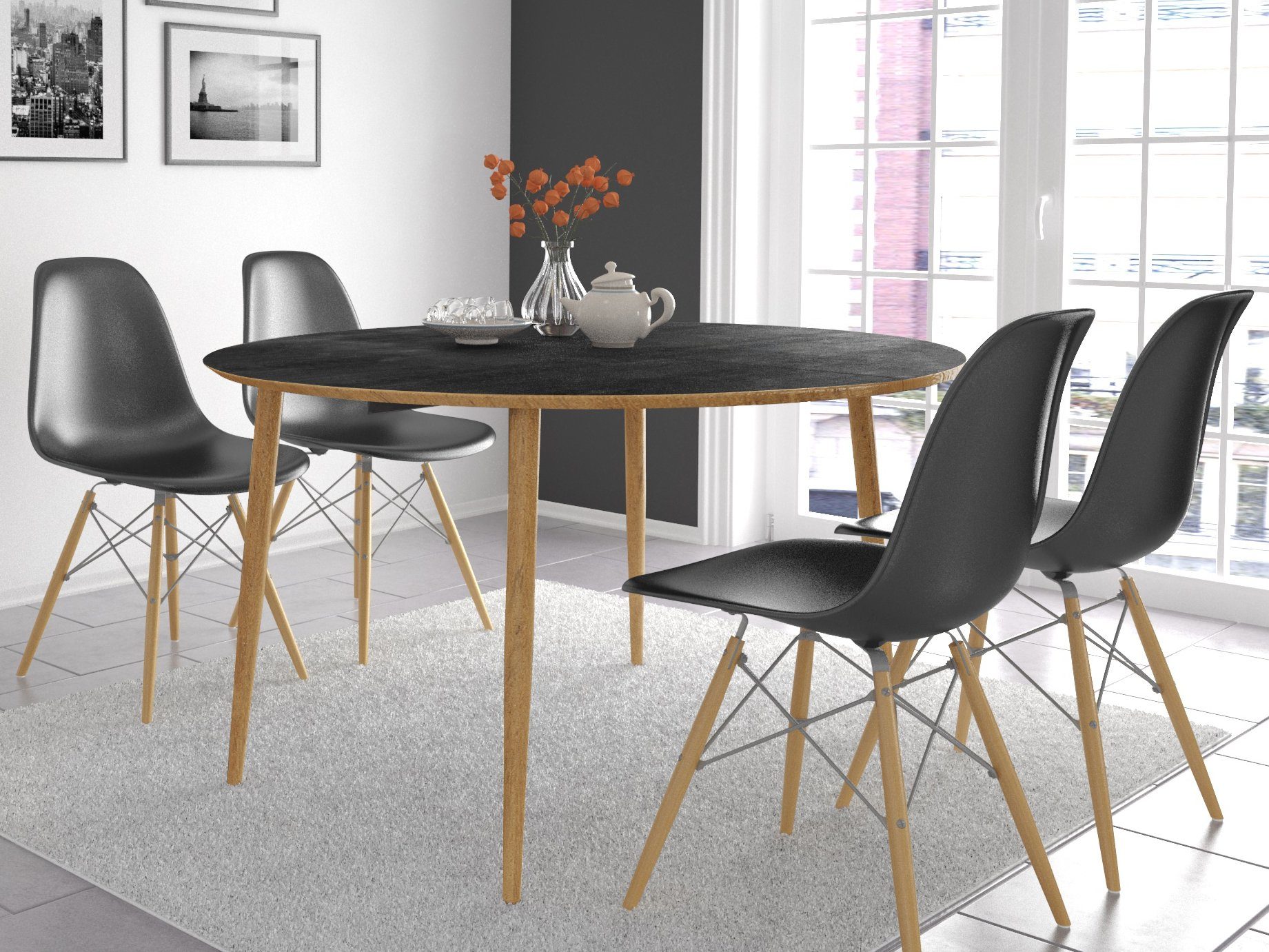 ovaler im Nordic aus Ø120 Stil, Malthe, mit Eiche, schwarz cm Tischplatte loft24 Esstisch Tischbeine