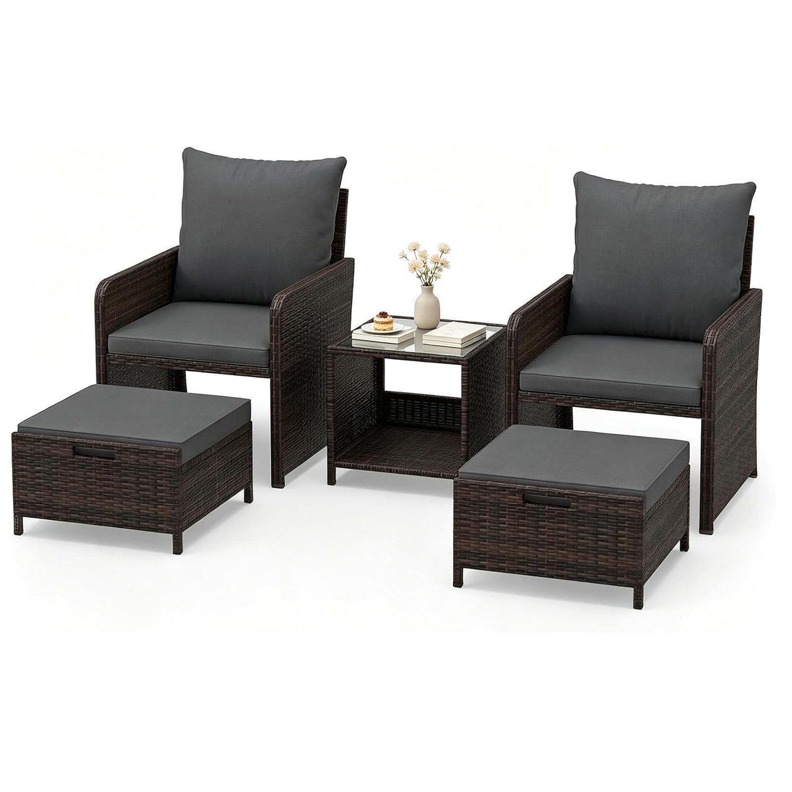 KOMFOTTEU Balkonset, mit Kissen & Kaffeetisch, Gartenmöbel aus Rattan