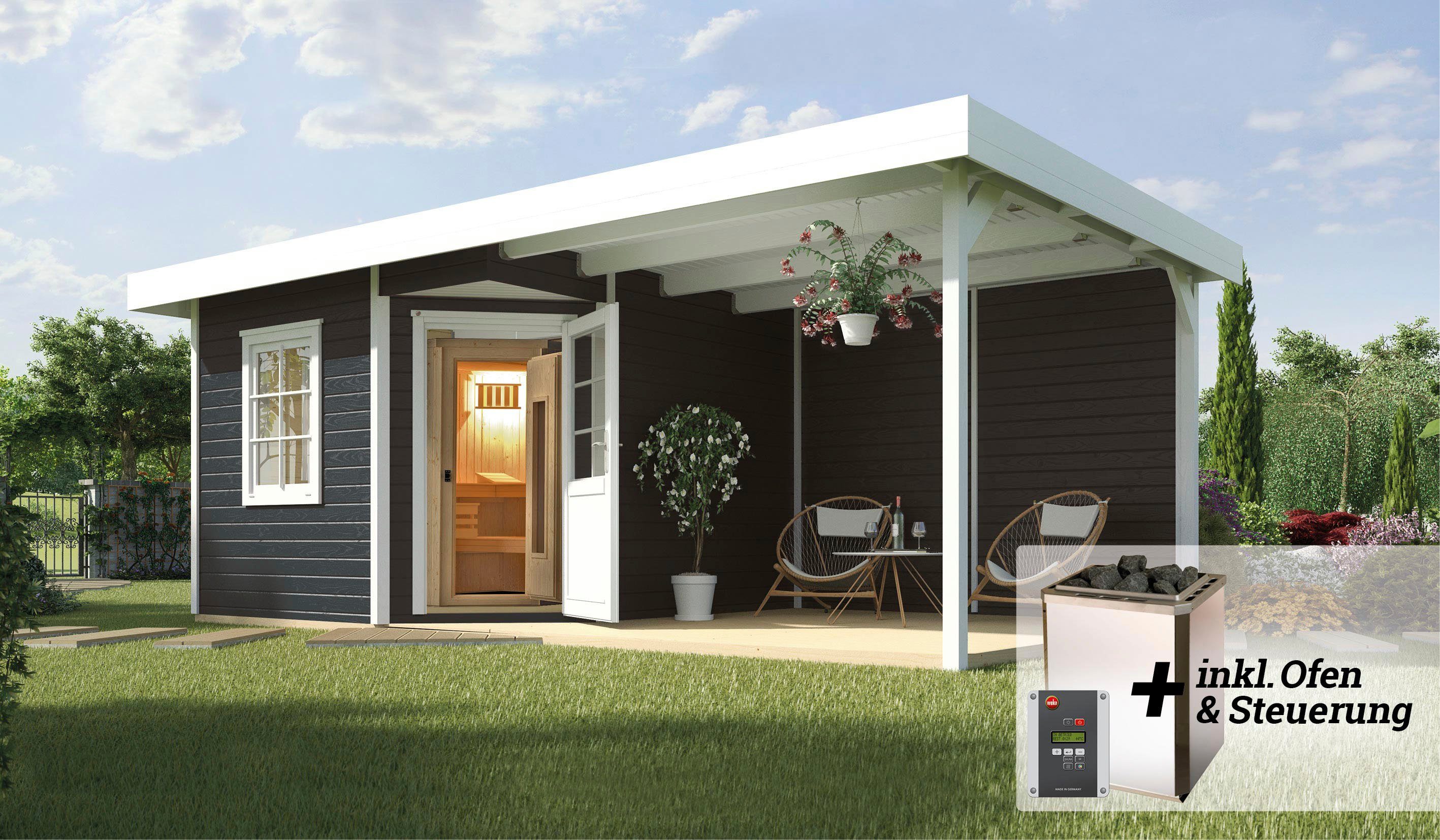 weka Saunahaus Salo, BxTxH: 646 x 338 x 237 cm, 68 mm, (Set) 7,5 kW Bio-Ofen mit digitaler Steuerung