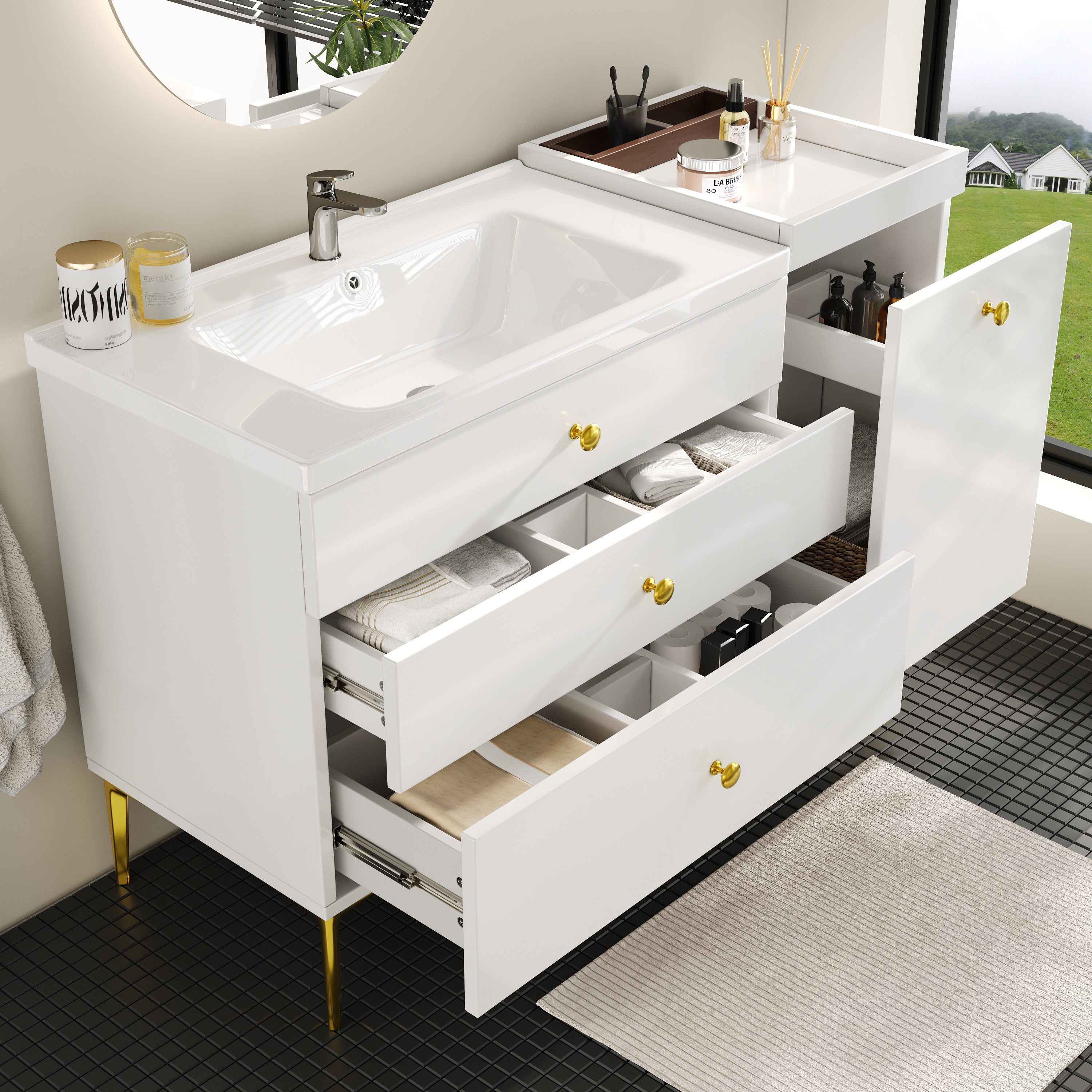 Flieks Waschtisch mit 3 Schubladen und abnehmbarer Aufbewahrungsbox (B120/T47,5/H80 cm, 1-St., bodenstehend Badzimmerschrank Waschplatz mit vergoldeten Metallfüßen), Waschbeckenunterschrank mit Waschbecken Badmöbel in Breite 120 cm