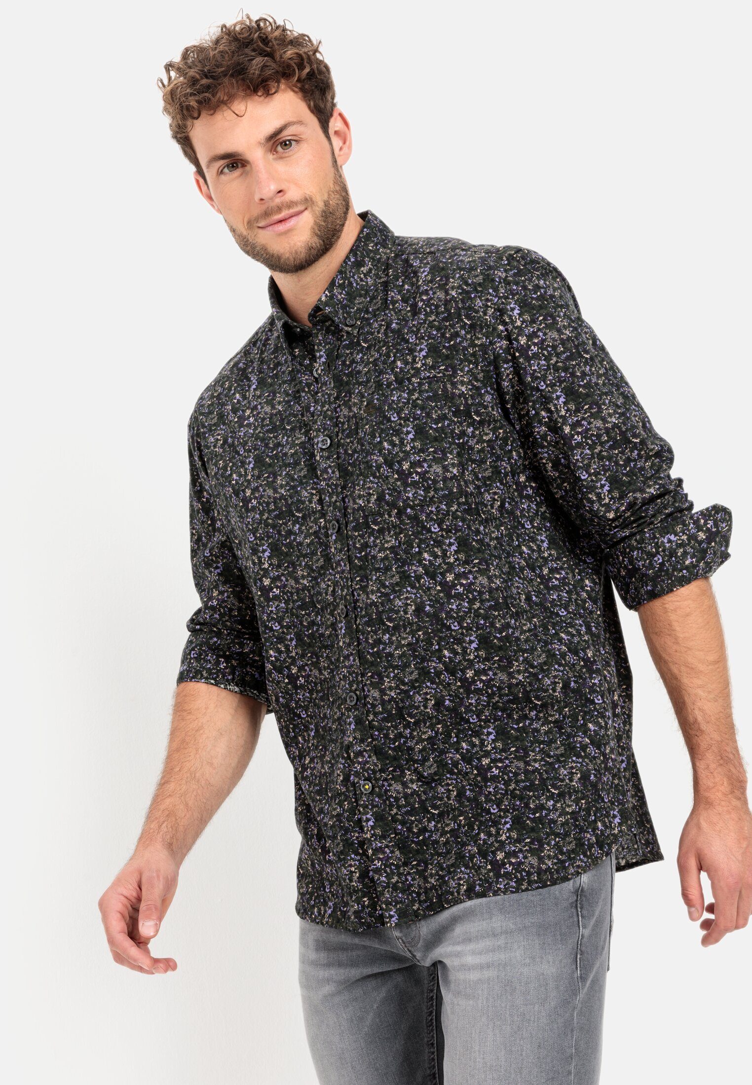 camel active Langarmhemd mit Allover-Print Langarm Button-Down Button-Down
