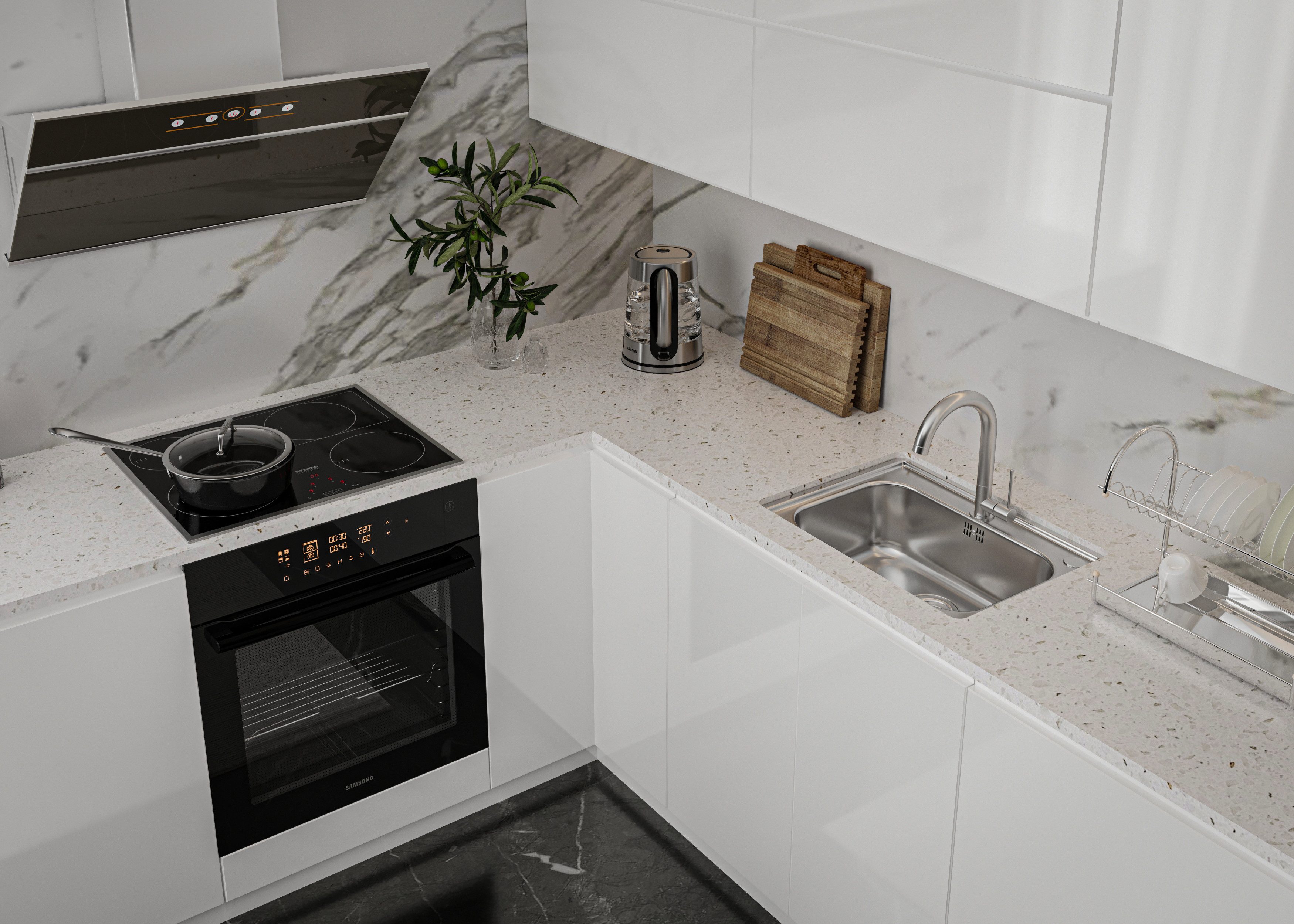 ROYAL24_MARKT Winkelküche K54-G330 R - Aspen - Praktische Räume und attraktives Design, (Komplett Set), Zeitlos - Exklusiv - Top Qualität.