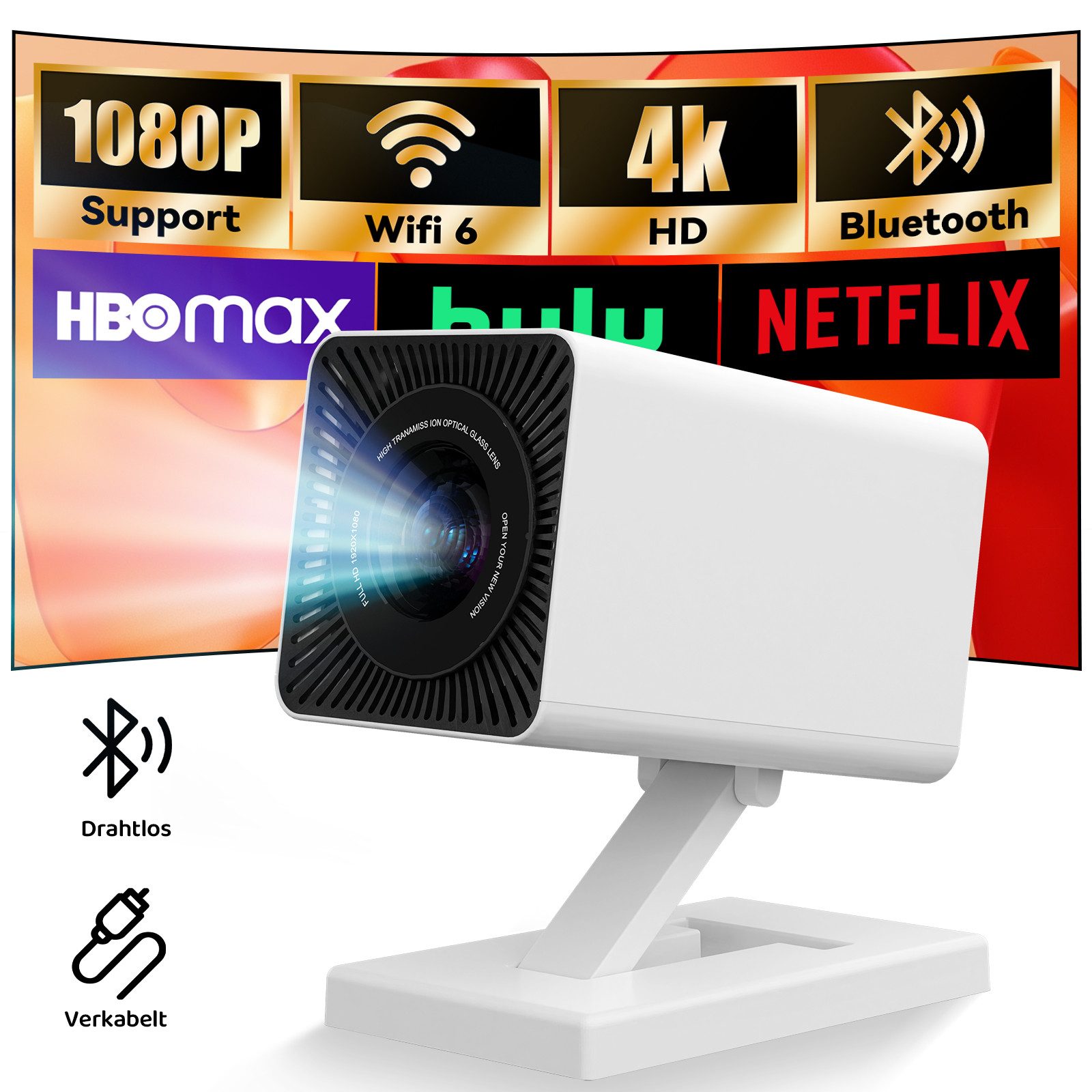 BUFO 130'' Beamer 4K für Telefon/PC/HDMI USB, BT 5 Auto Trapezkorrektur Portabler Projektor (150 lm, 1500:1, 1280 x 720 px, Android 11 Mini-Beamer 4K 1080p unterstützt, WiFi 6 Bluetooth 5.0)