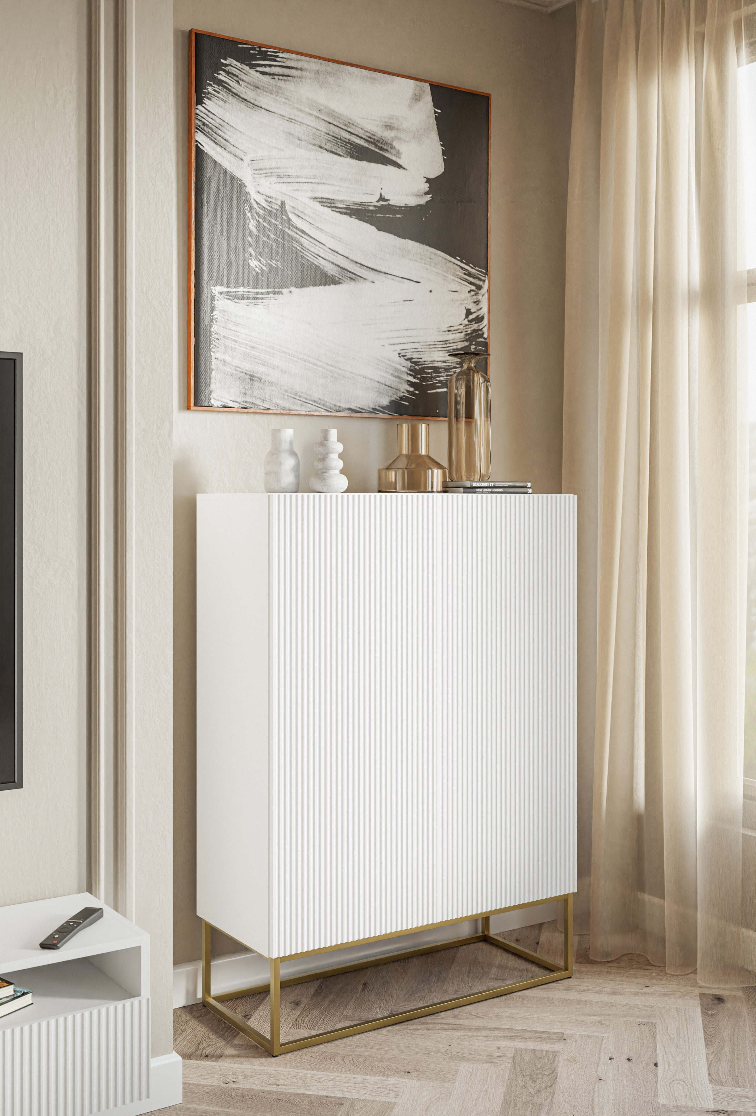 Selsey Highboard VELDIO, Highboard 2-türig mit 3 Fächern, Lamellenfronten u günstig online kaufen